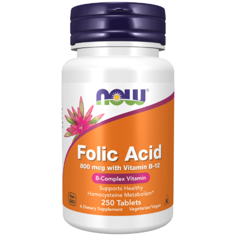 NOW Foods Folic Acid 800 mcg with Vitamin B-12 Tablets - Supports DNA synthesis and cardiovascular health.