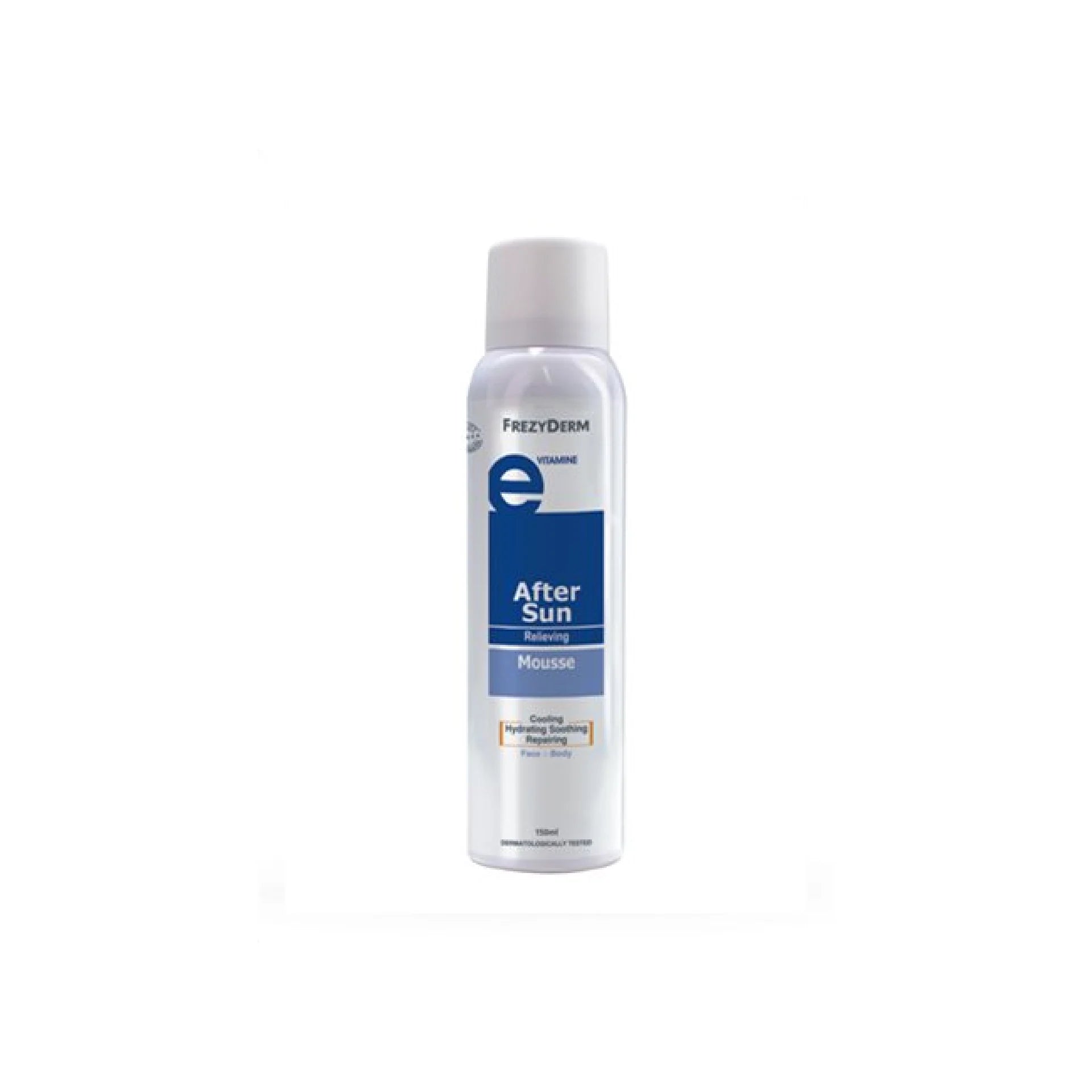 Frezyderm After Sun Mousse, a hydrating foam for face and body, enriched with D-Panthenol and Vitamin E for soothing and moisturizing sun-exposed skin.