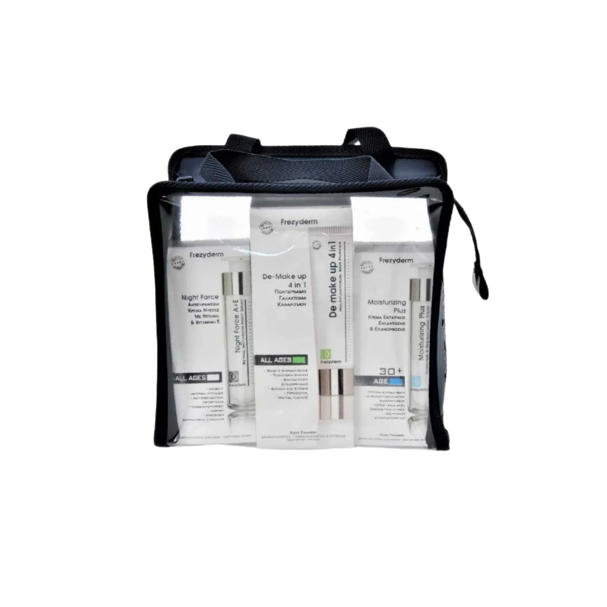 Frezyderm Anti-Ageing Pack 30+ with moisturizing cream, night cream, and 4-in-1 makeup remover.