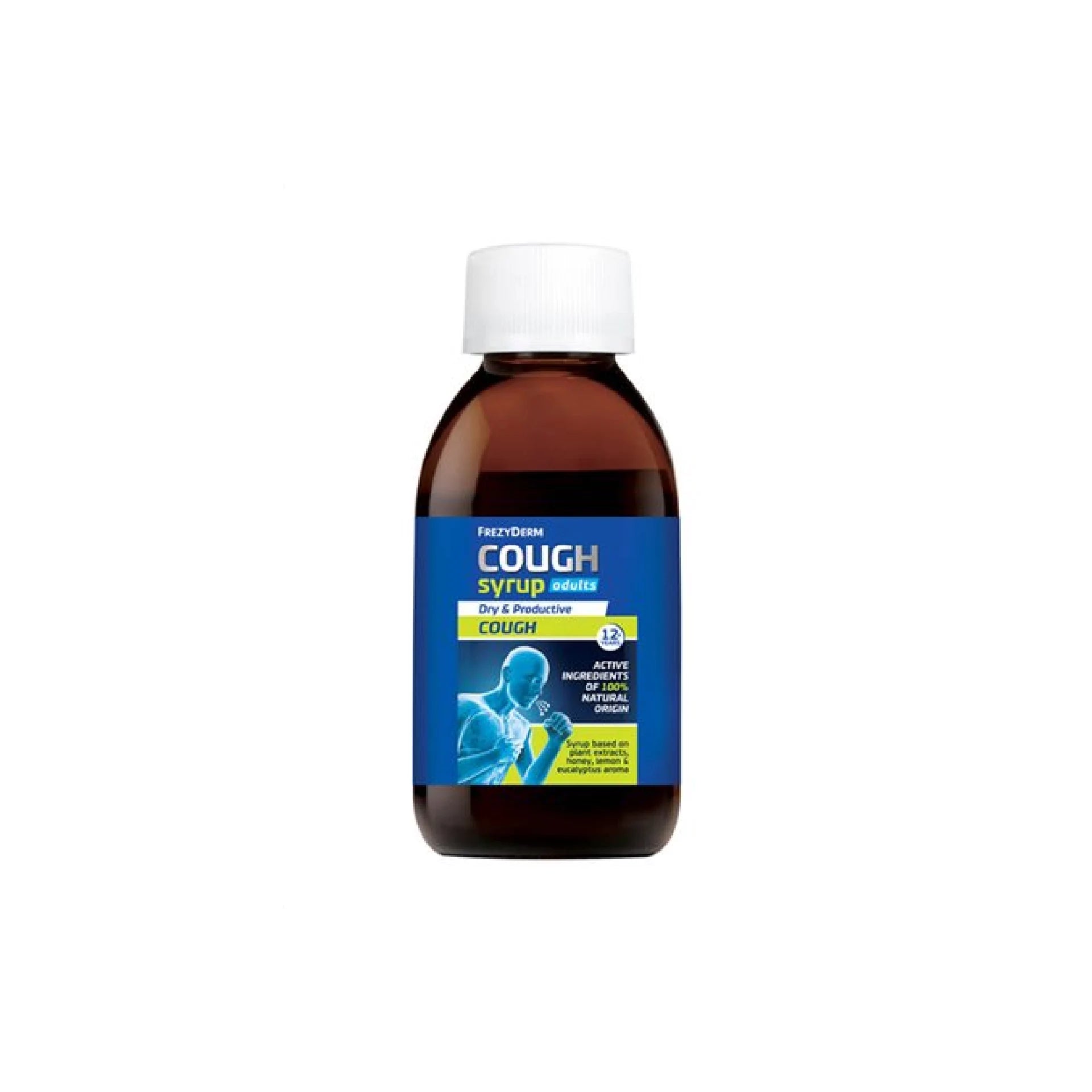 Frezyderm Cough Syrup Adults with honey, lemon, and eucalyptus flavor for dry and productive cough relief.