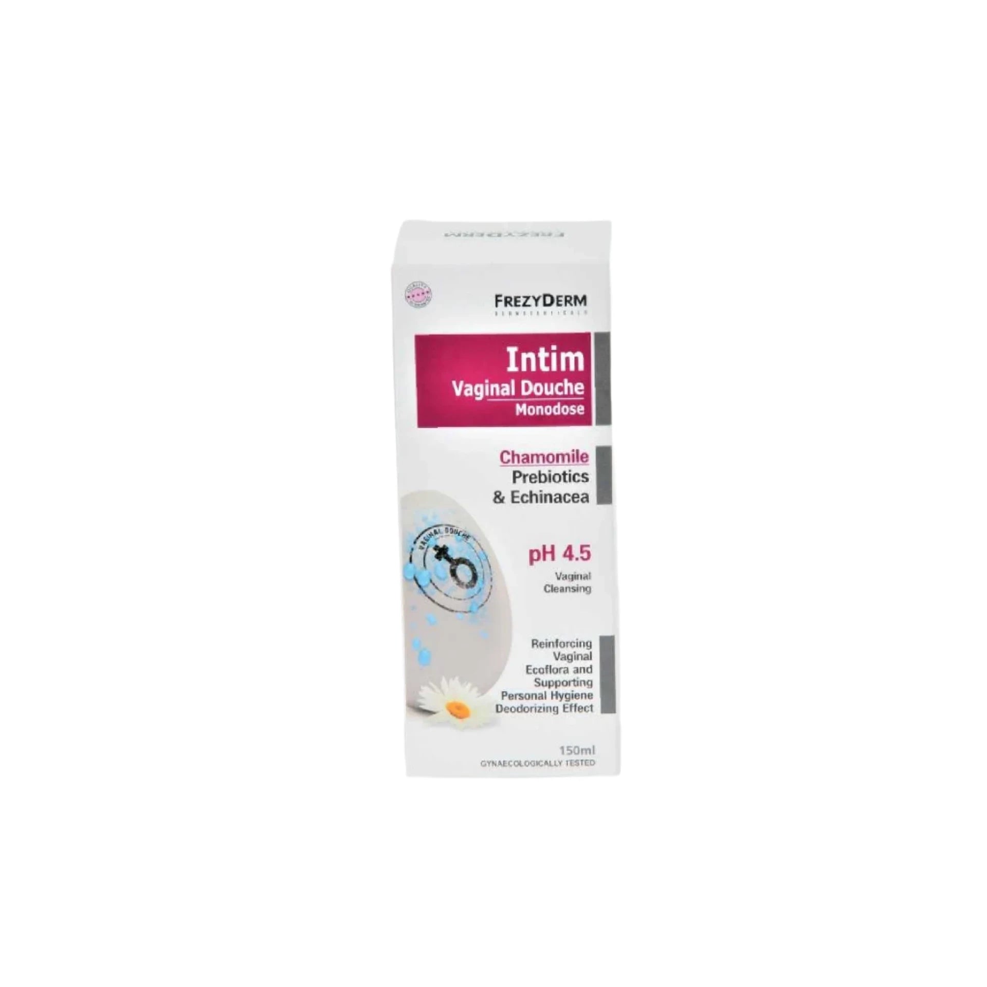 Frezyderm Intim Vaginal Douche Chamomile for gentle vaginal cleansing and pH protection.