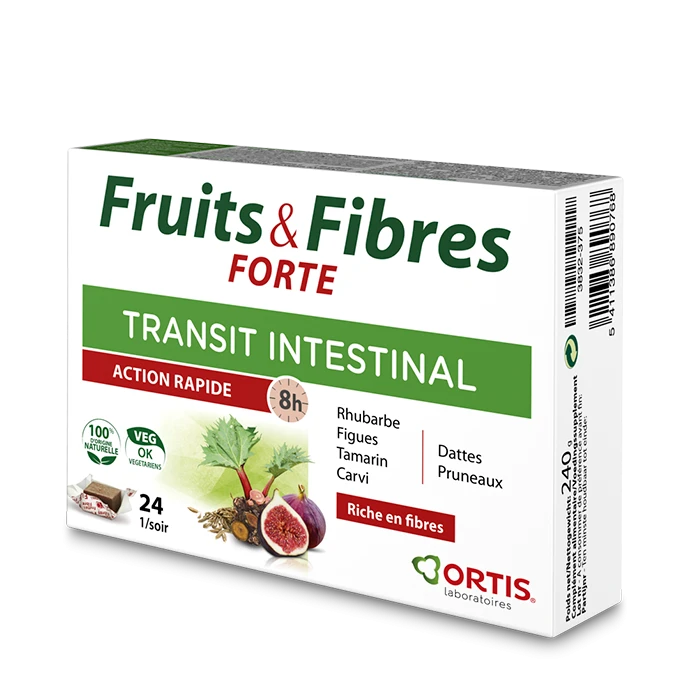 Ortis Fruits & Fibres Forte cubes - Intestinal transit support with natural ingredients.