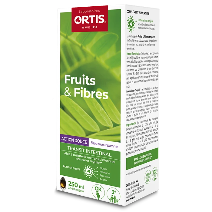 Ortis Fruits & Fibres Action Douce Syrup - Gentle intestinal transit support with fig and tamarind.