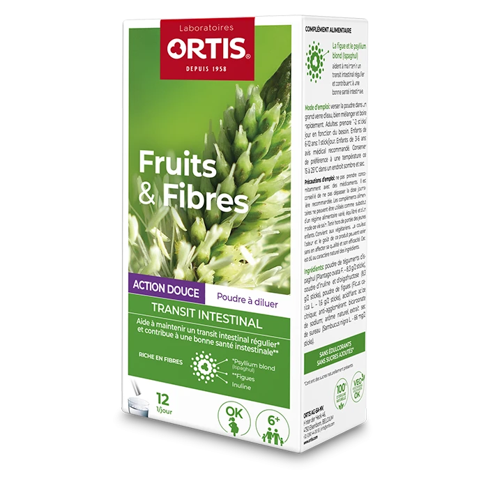 Ortis Fruits & Fibres Action Douce Sticks - Gentle intestinal transit support with natural fibers.