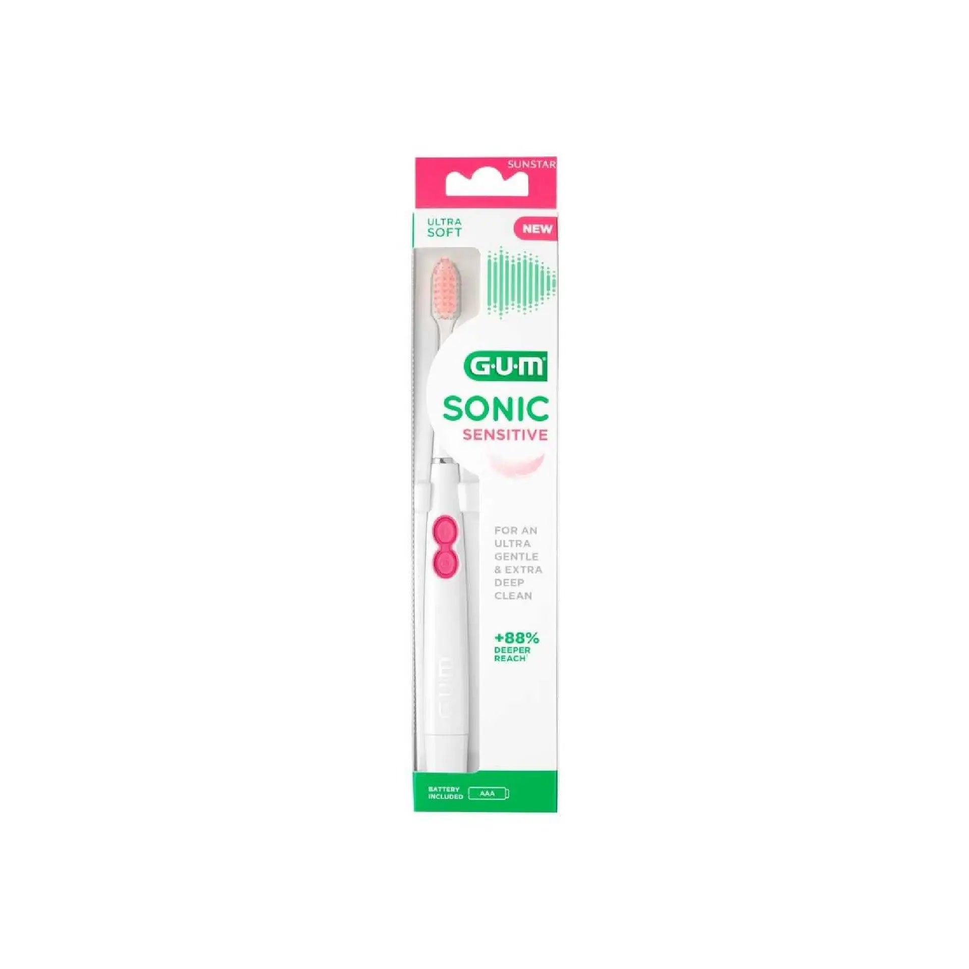 GUM Sonic Sensitive Battery Toothbrush for sensitive teeth and gentle gum care.