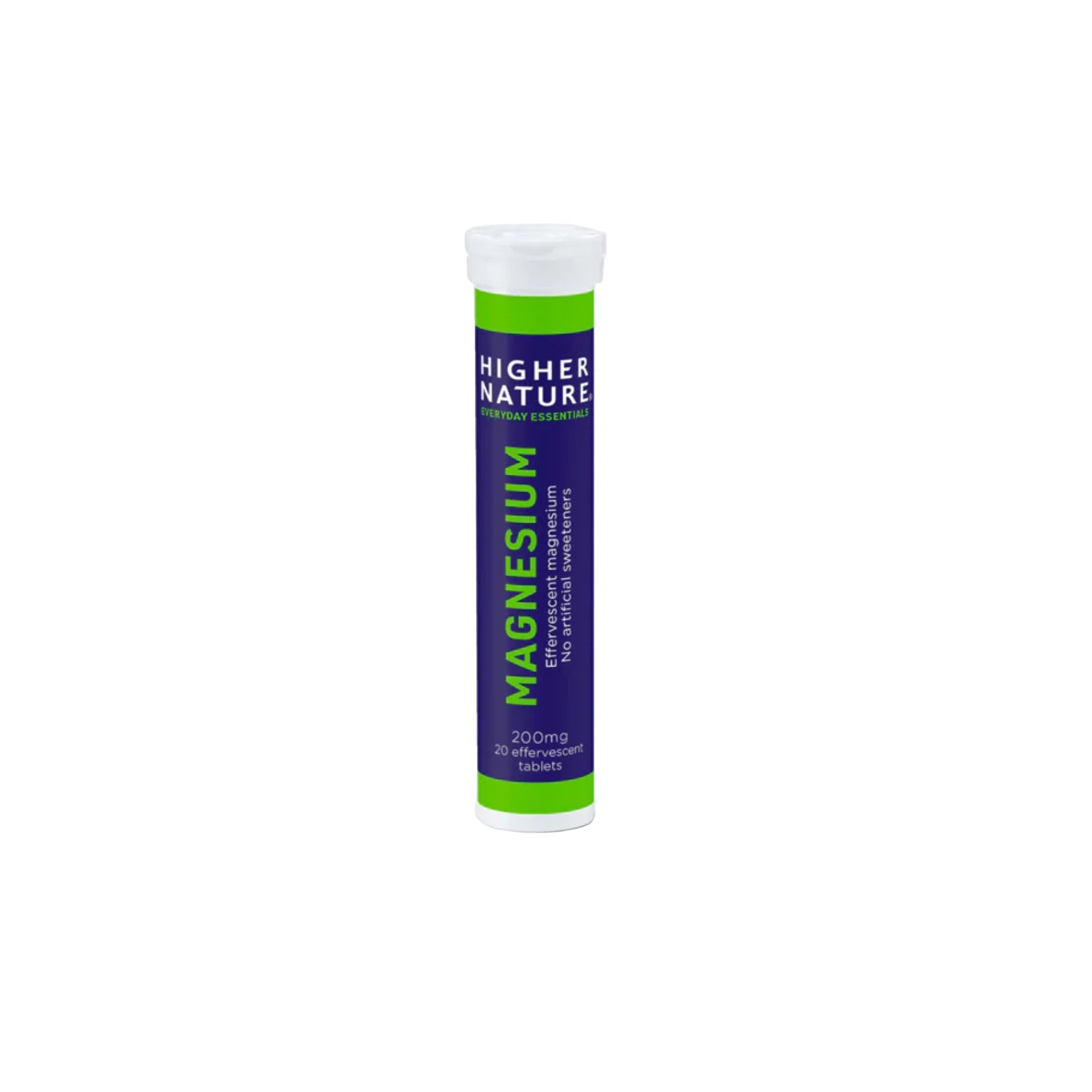 Higher Nature Magnesium Effervescent tablets in water for muscle function, relaxation, and fatigue reduction with 200mg magnesium.