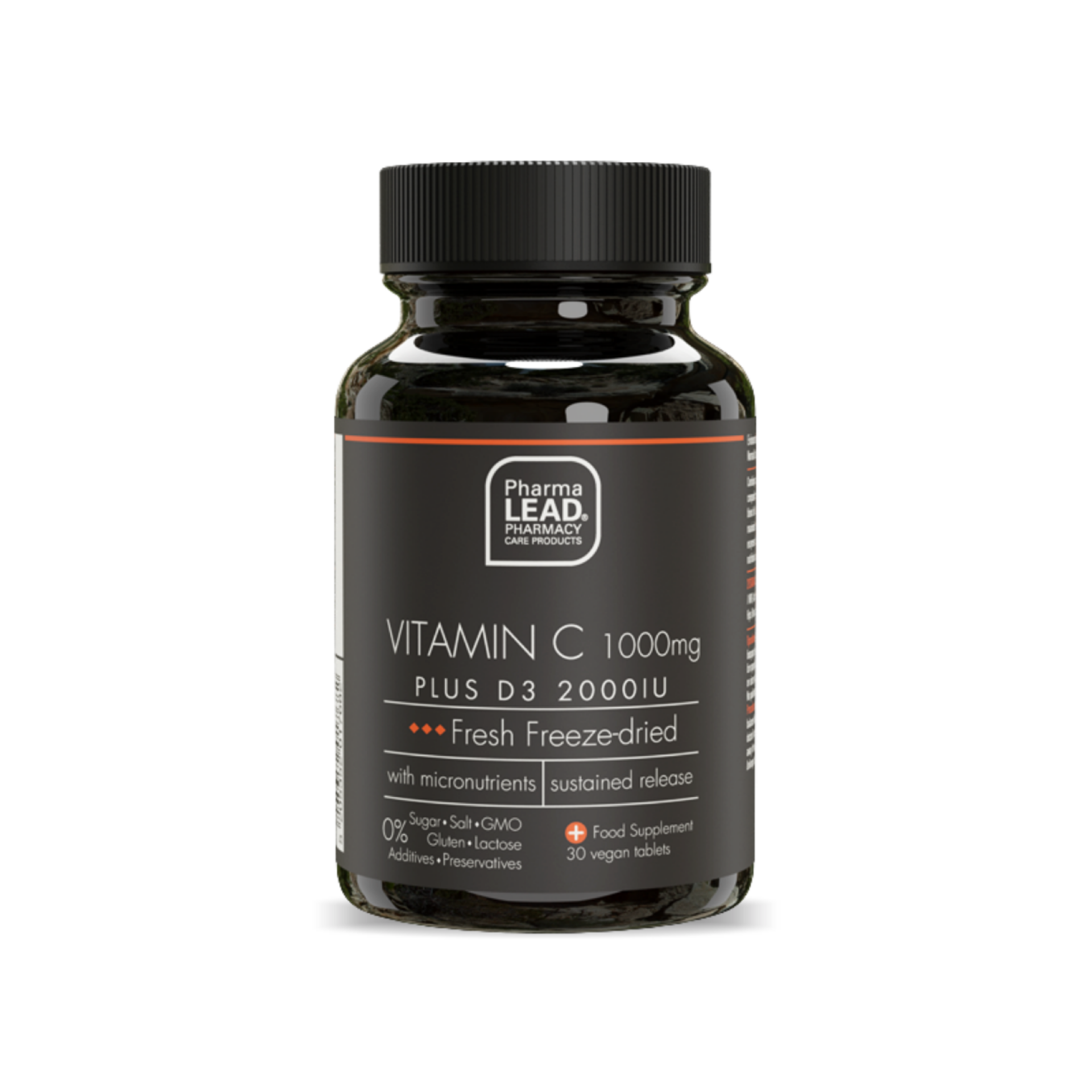 Vitamin C 1000mg Plus D3 2000IU tablets enriched with rose hips and aronia for immune support and antioxidant activity.