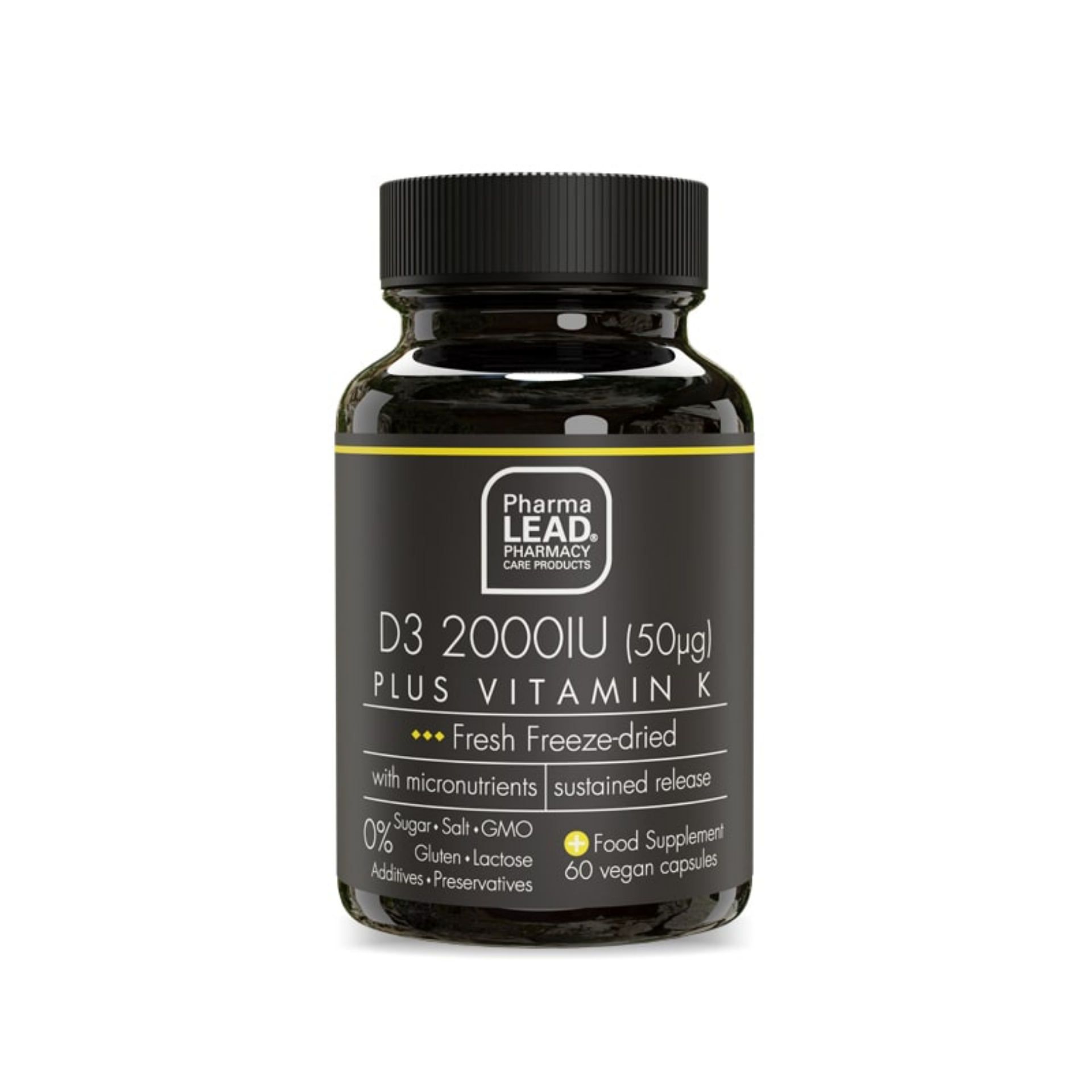D3 2000IU Plus Vitamin K supplement for immune and bone health. High vitamin D3 content, enriched with vitamin K, and freeze-dried superfoods.