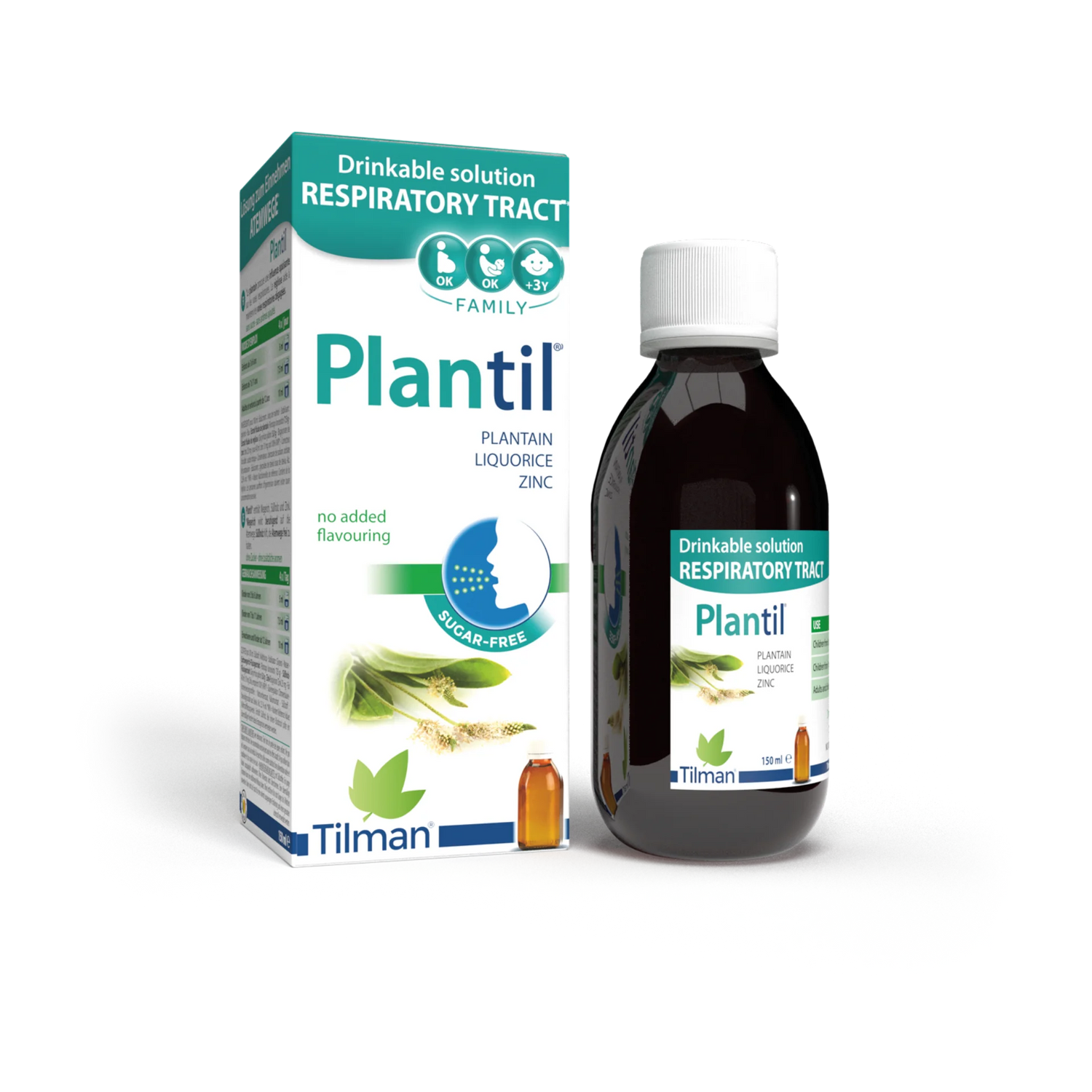 Plantil liquid solution with plantain, liquorice, and zinc for respiratory comfort.