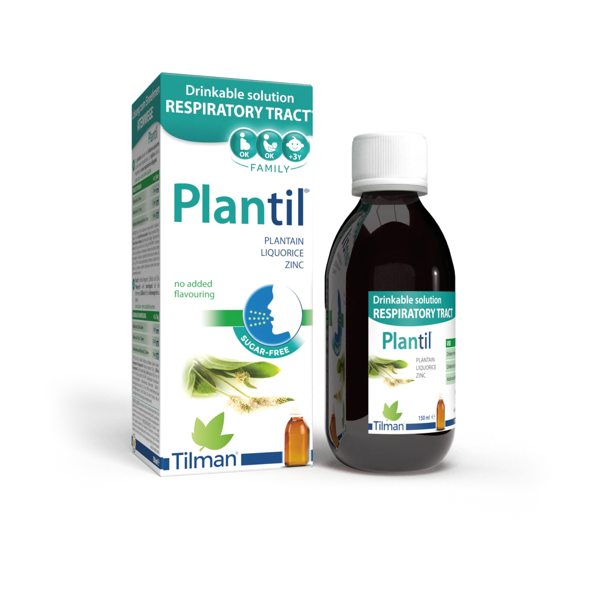 Plantil liquid solution with plantain, liquorice, and zinc for respiratory comfort.