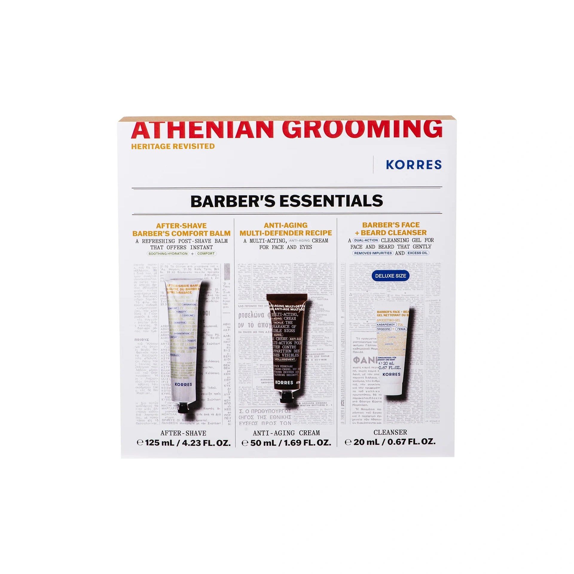 Korres Athenian Grooming Barber's Essentials Set containing aftershave balm, anti-aging face and eyes cream, and face and beard cleanser.