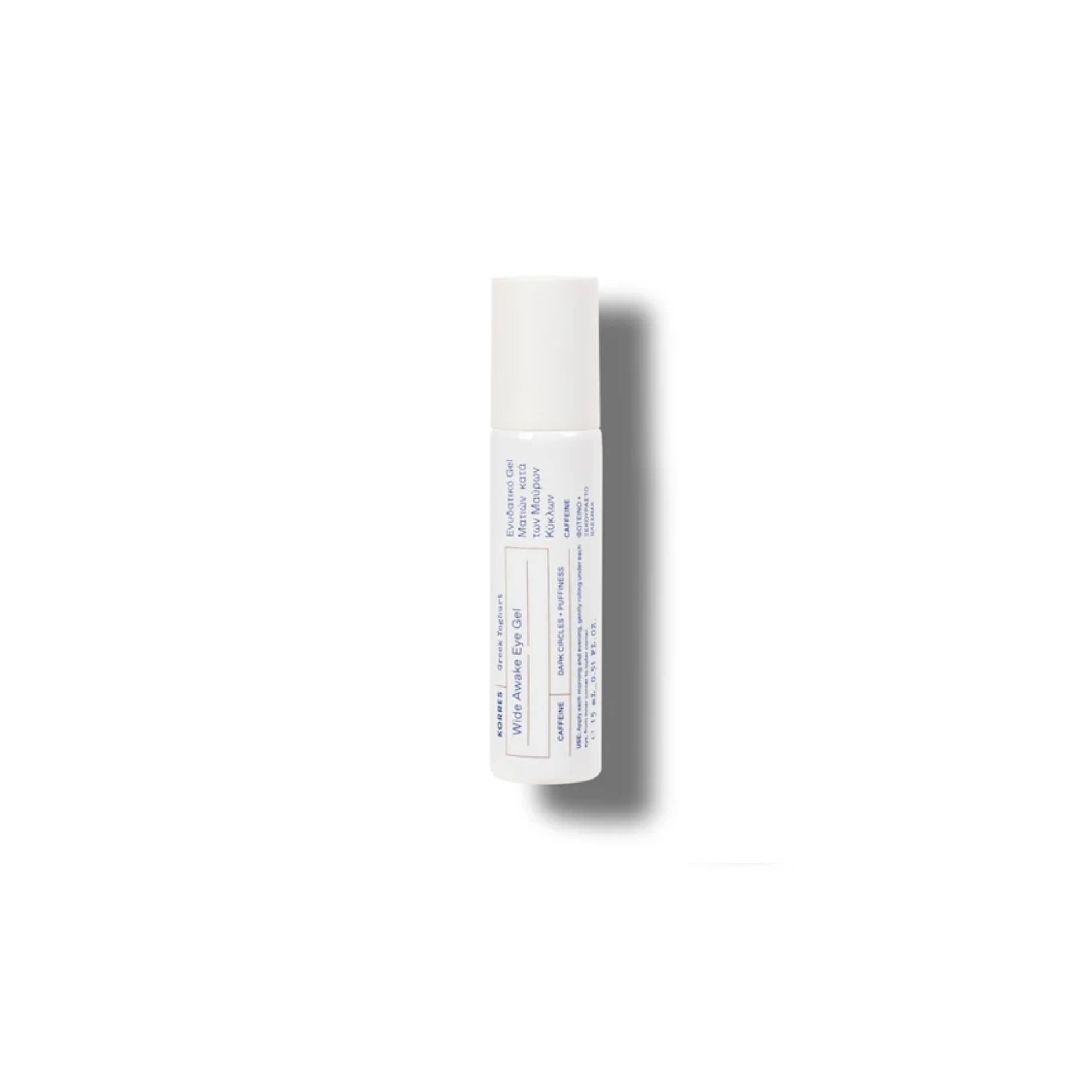 Korres Greek Yoghurt Wide Awake Eye Gel – Cooling roll-on eye treatment with Greek yoghurt, caffeine, and coffee extract for dark circles and puffiness.