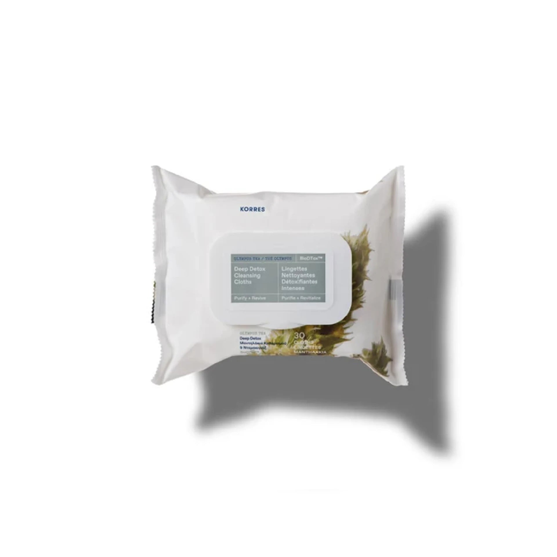 Korres Olympus Tea Deep Detox Cleansing Cloths – Detoxifying cleansing wipes with Olympus Tea and BioDTox for effective face and eye makeup removal.