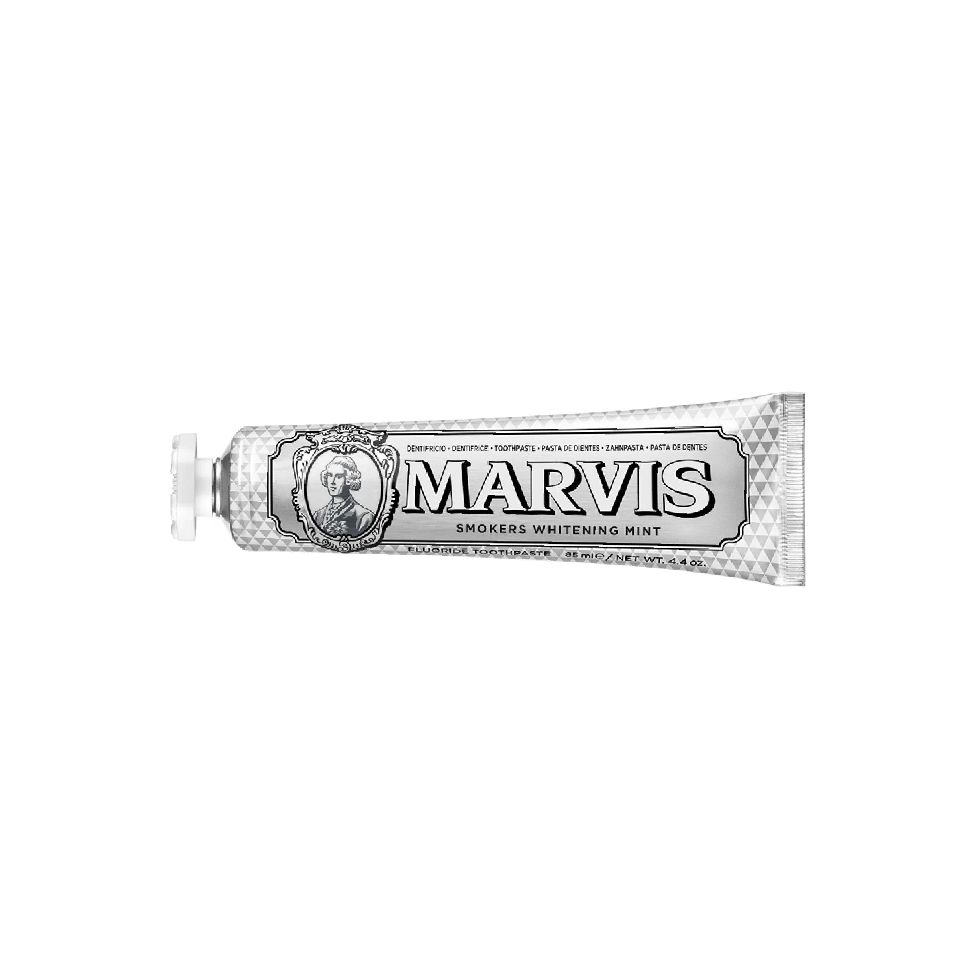 Marvis Smokers Whitening Toothpaste in a sleek silver tube, designed to remove stains and provide lasting freshness.