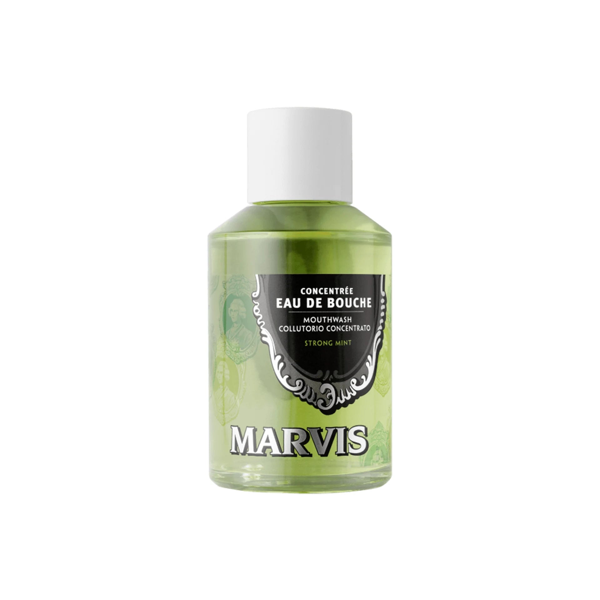 Marvis Strong Mint Mouthwash in a sleek glass bottle, delivering intense freshness and oral hygiene benefits.