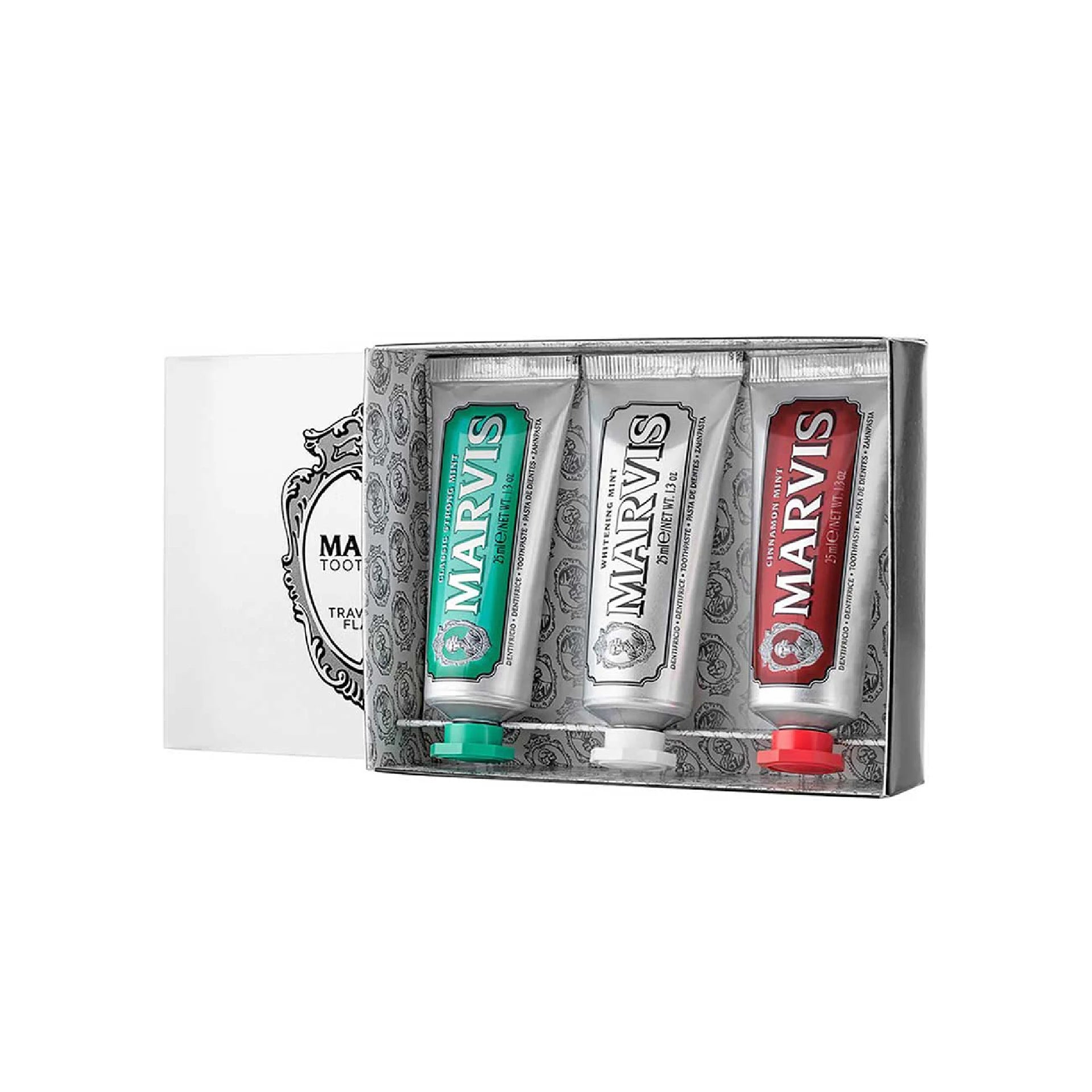 Marvis Toothpaste Travel Set featuring Cinnamon Mint, Classic Strong Mint, and Whitening Mint.