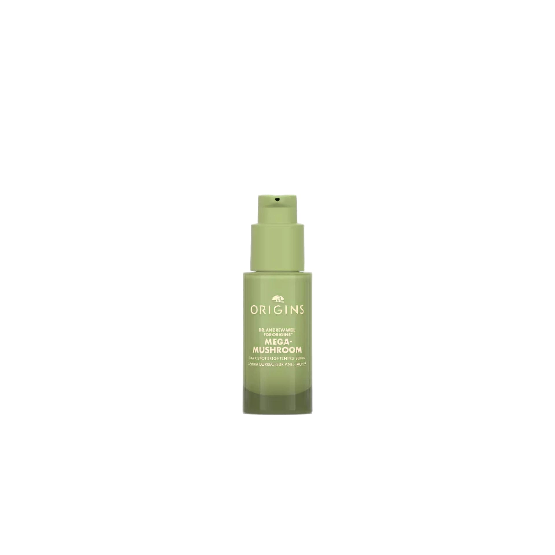 Origins Dr. Weil Mega-Mushroom Dark Spot Brightening Serum bottle with mushrooms and plant extracts for brightening and evening skin tone.