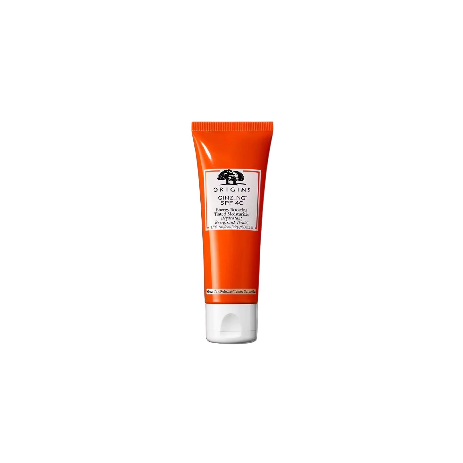 Origins Ginzing Energy-Boosting Tinted SPF40 Moisturiser in an orange tube.