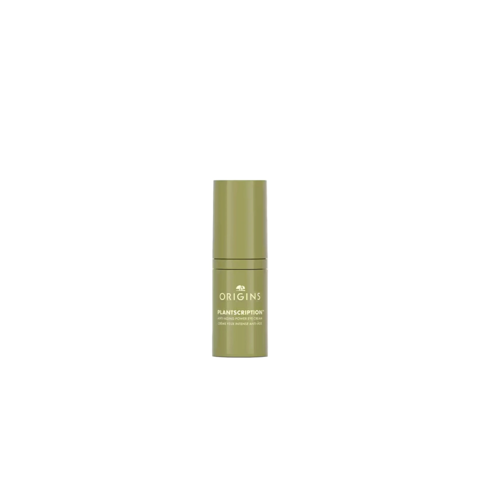 Origins Plantscription Anti-Aging Power Eye Cream in a small green eye cream jar.
