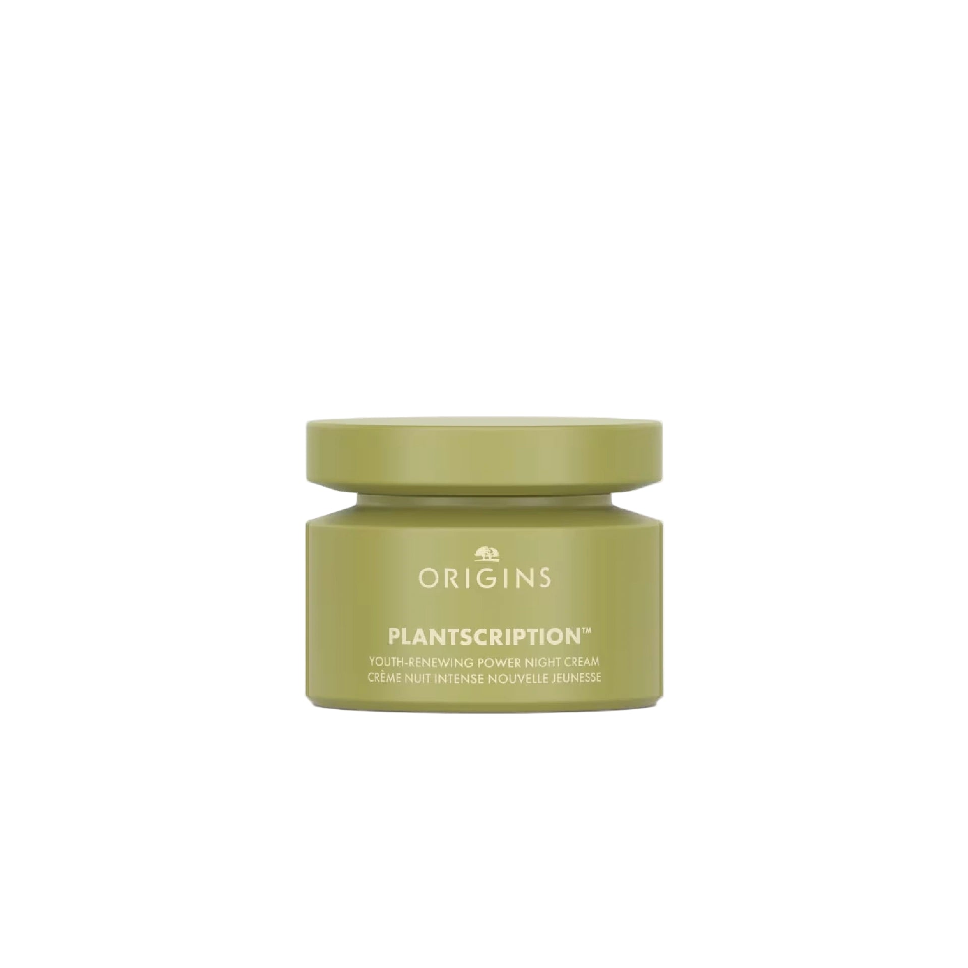 Origins Plantscription Youth-Renewing Power Night Cream in a green jar.