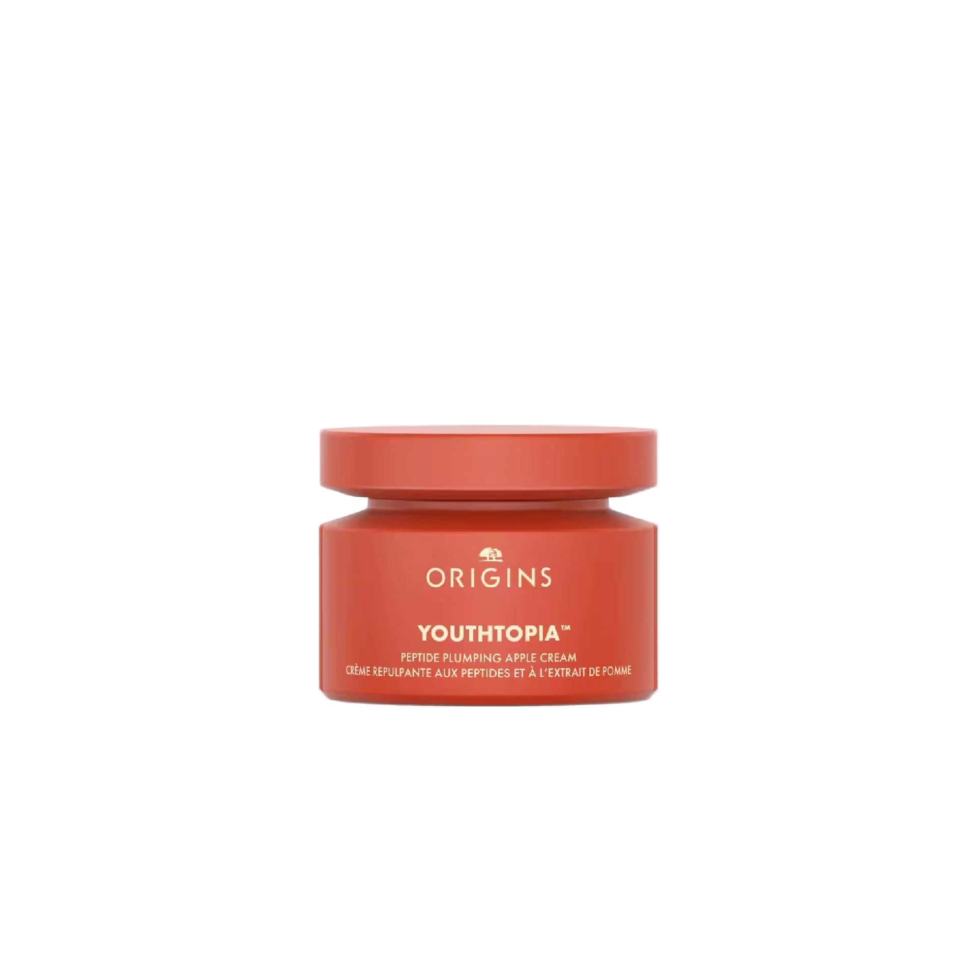 Origins Youthtopia Plumping Apple Face Moisturizer With Peptides in a jar, providing hydration, plumping, and antioxidant protection for youthful skin.