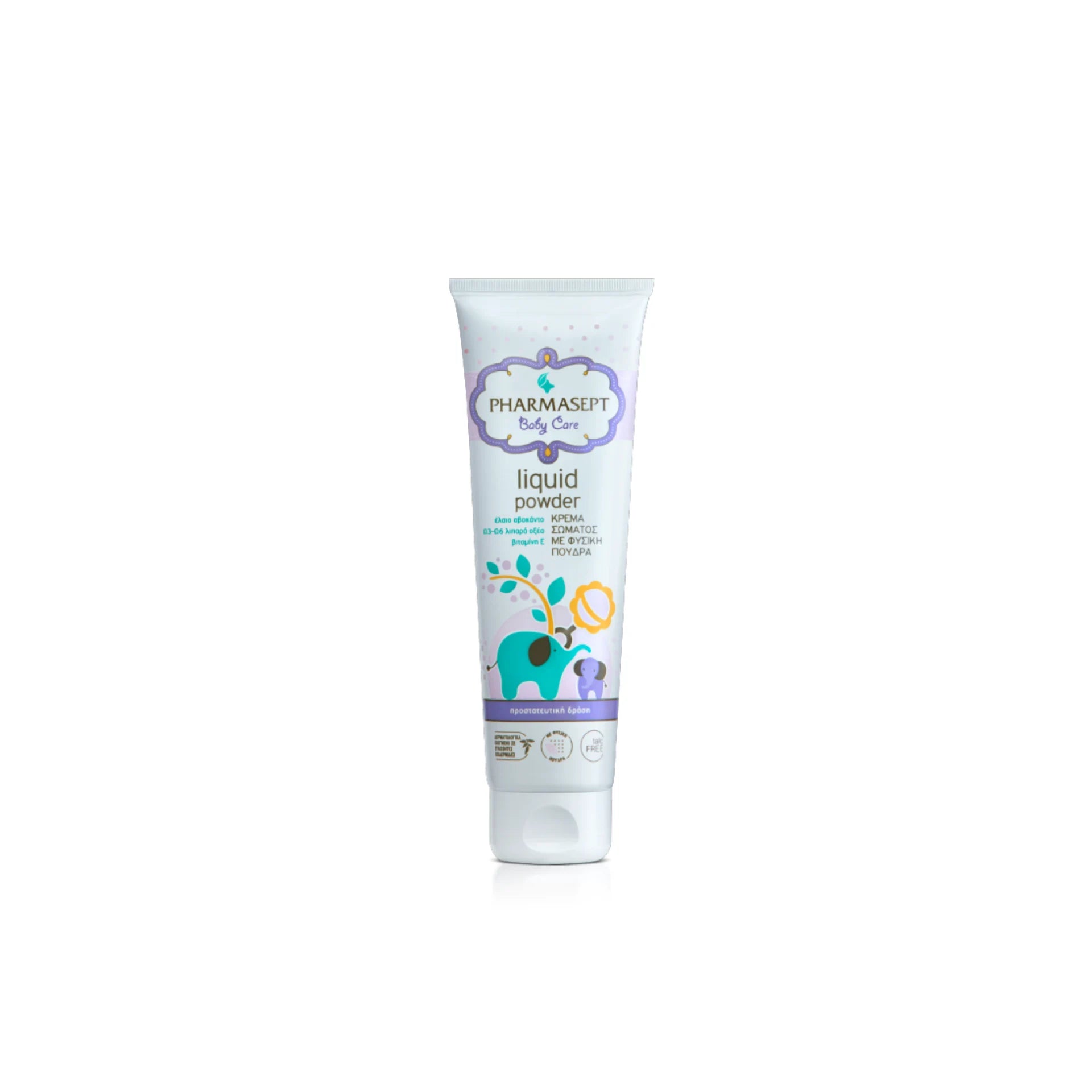 Pharmasept Baby Care Liquid Powder 150ml bottle with natural skin-soothing properties.