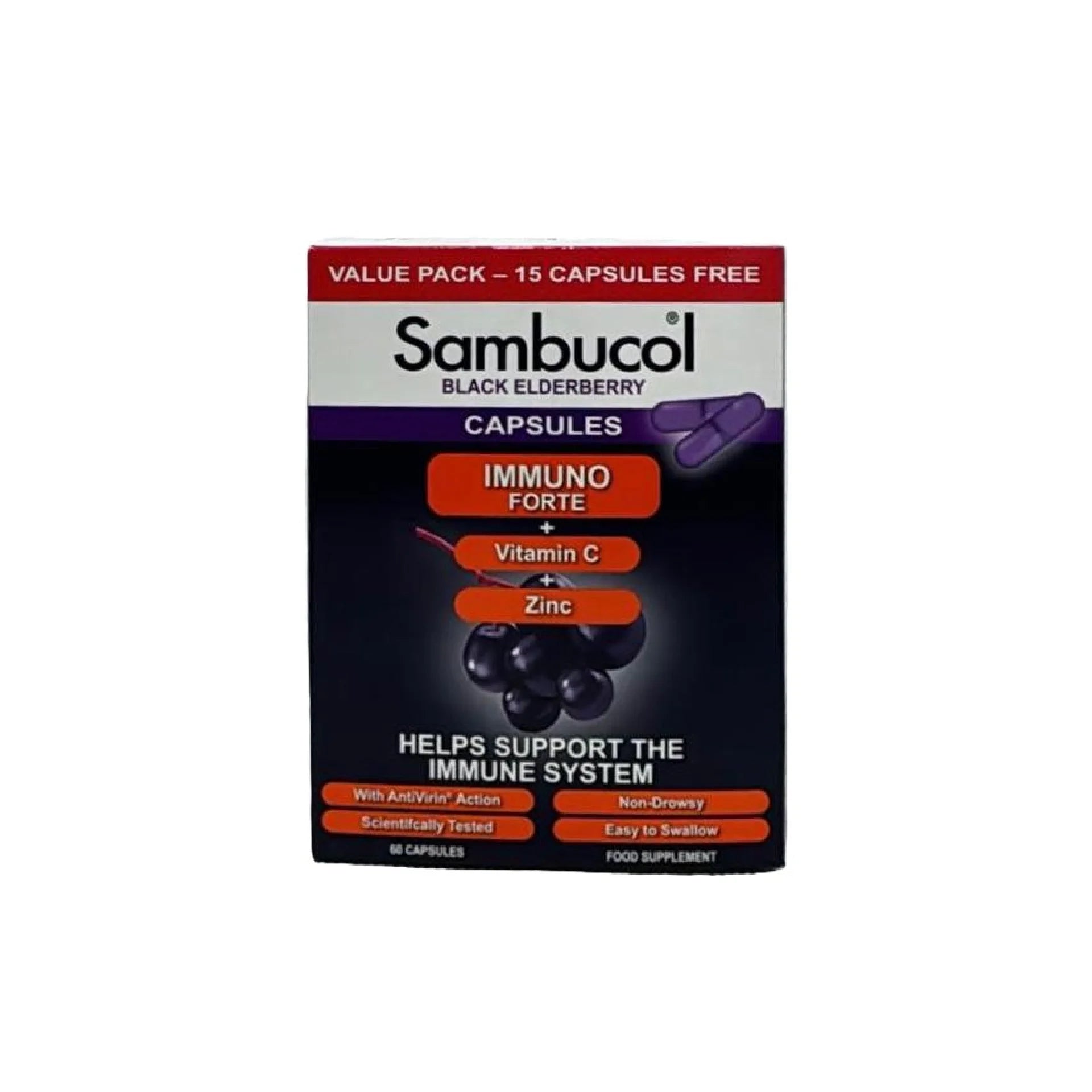 Sambucol Immune Forte with Black Elderberry Value Pack, 15 Capsules Free β Immune support capsules with Vitamin C and Zinc.