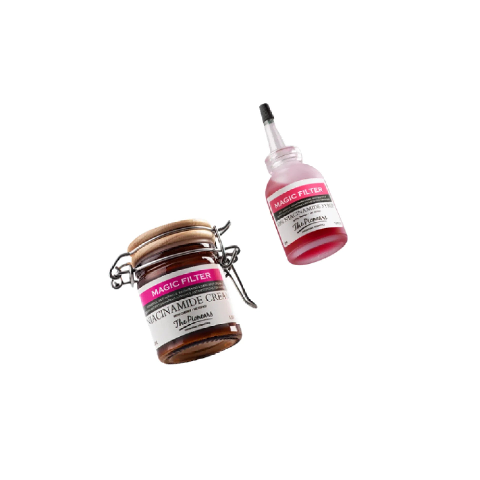 The Pionears Magic Filter Duo featuring a powerful anti-wrinkle cream and brightening syrup for radiant, smooth, and even-toned skin.