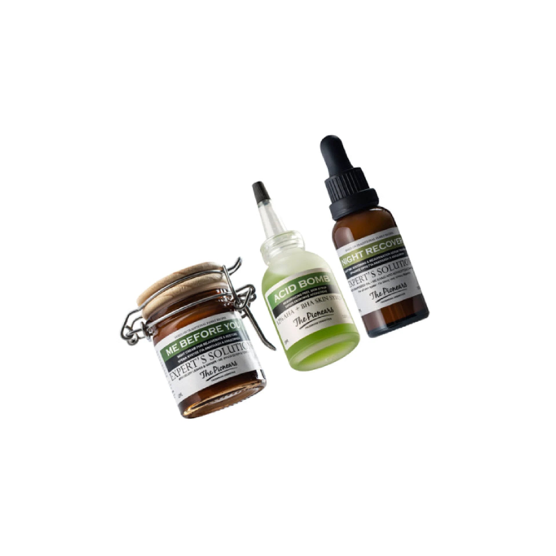 The Pionears Midnight Shaker Set – Acid Bomb serum, Me Before You night cream, and Night Recover serum for overnight skin transformation.