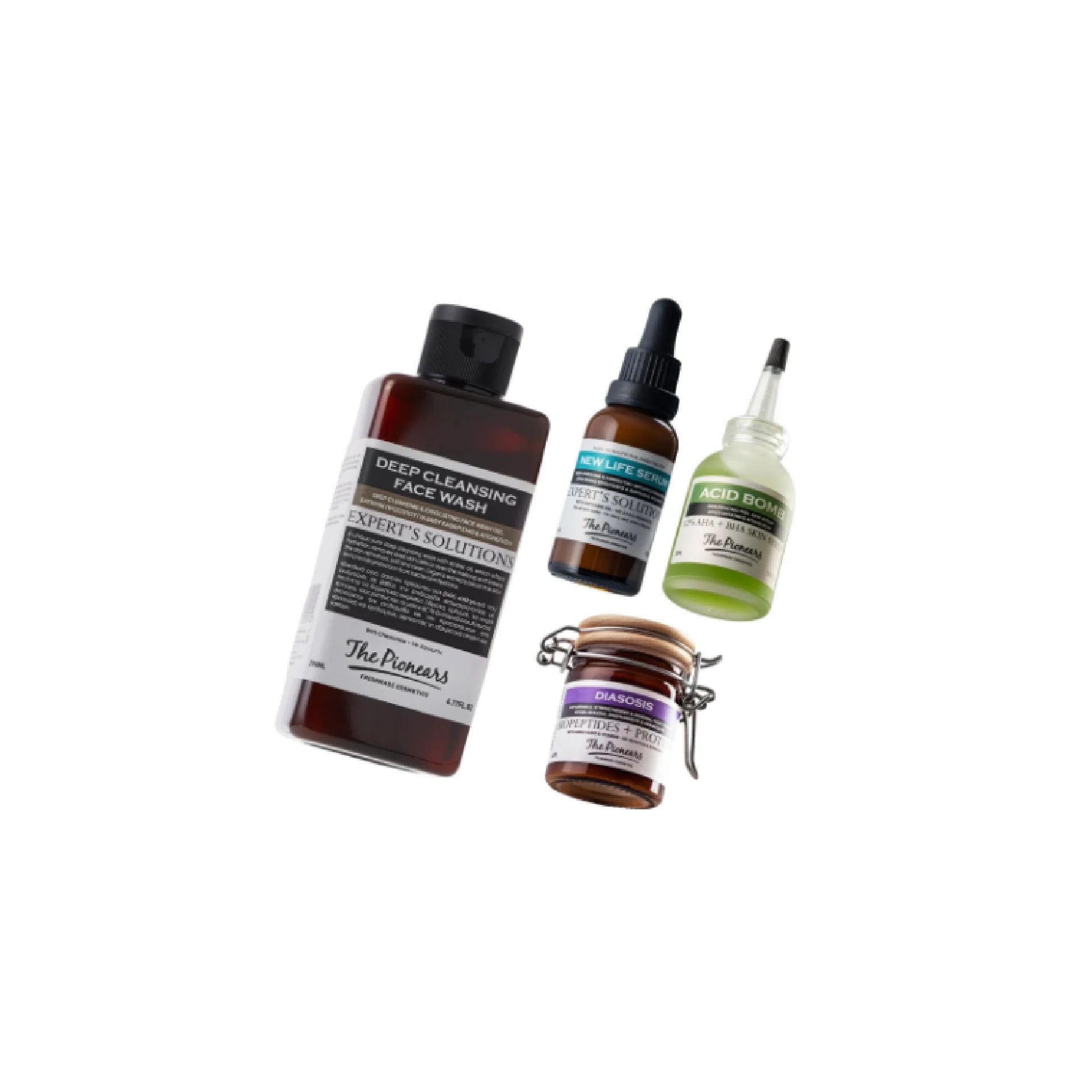 The Pionears Ready for Bootcamp skincare set – Deep Cleansing Face Wash, New Life Serum, Acid Bomb, and Diasosis Cream for clear, smooth, and hydrated skin.