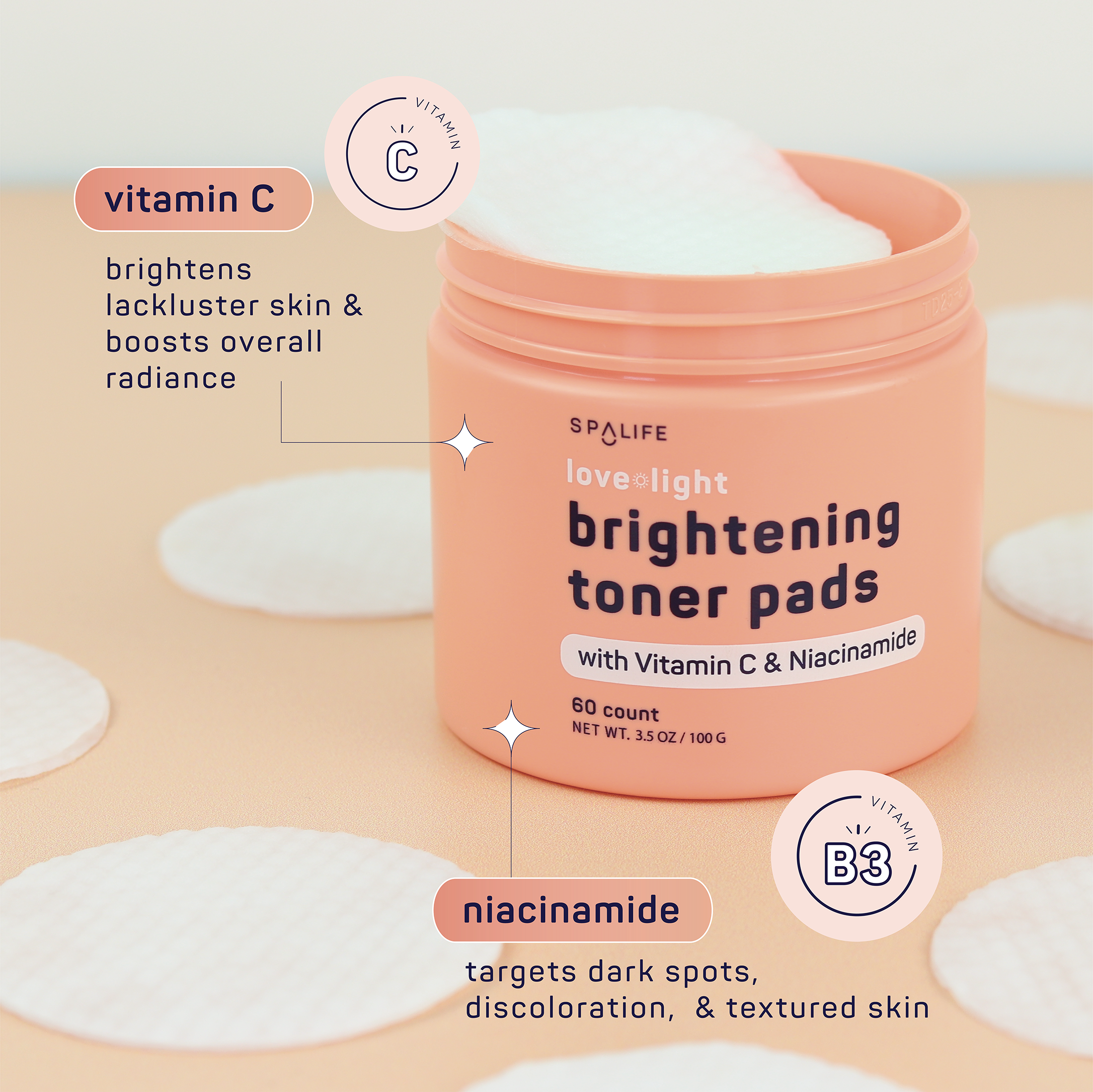 Love + light Korean Skincare Brightening Toner Pads - 60 Ct