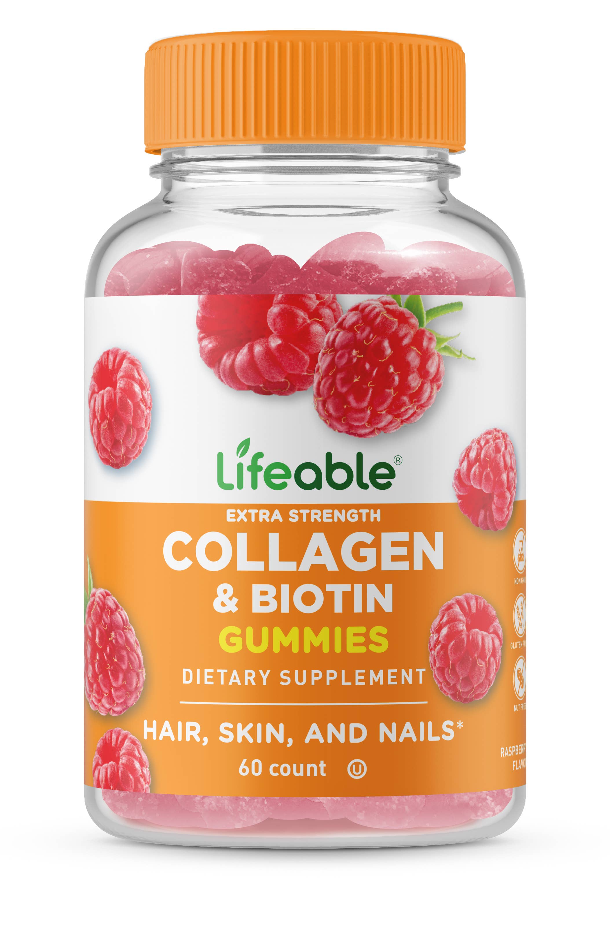 Lifeable Collagen peptides 100 mg + Biotin 10000 mcg Gummies: Raspberry Flavor / 60 Gummies