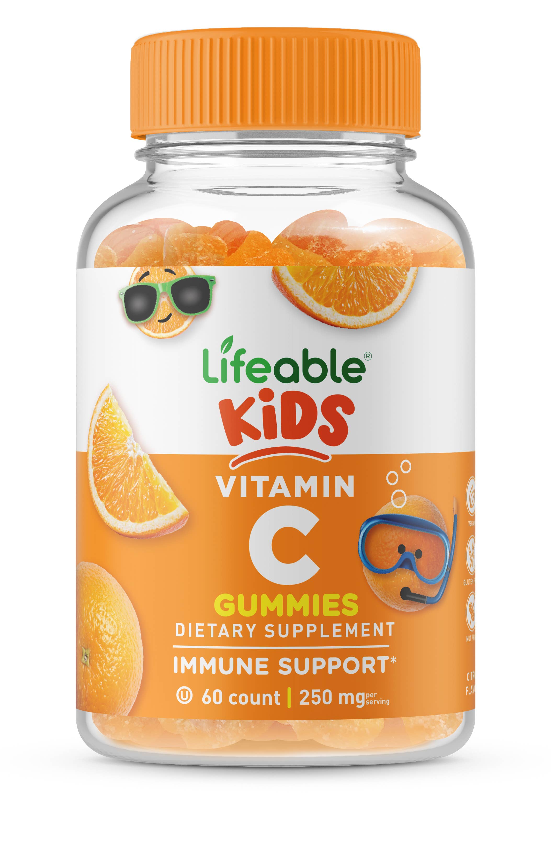 Lifeable Vitamin C for Kids 250 mg Gummies, Immune System: Orange Flavor / 60 Gummies