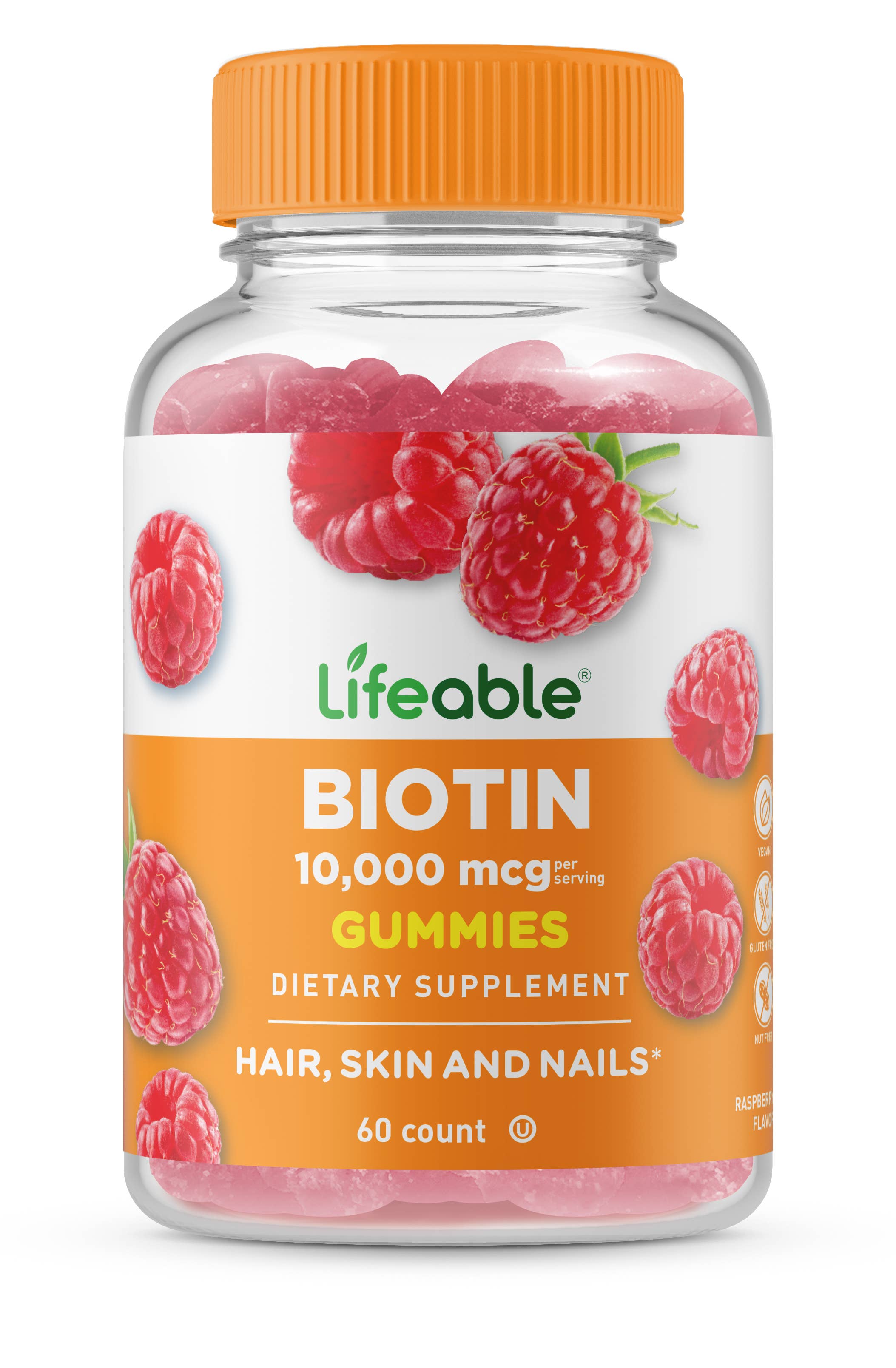 Lifeable Biotin 10,000 mcg Gummies, Hair And Nail Growth: Raspberry Flavor / 60 Gummies