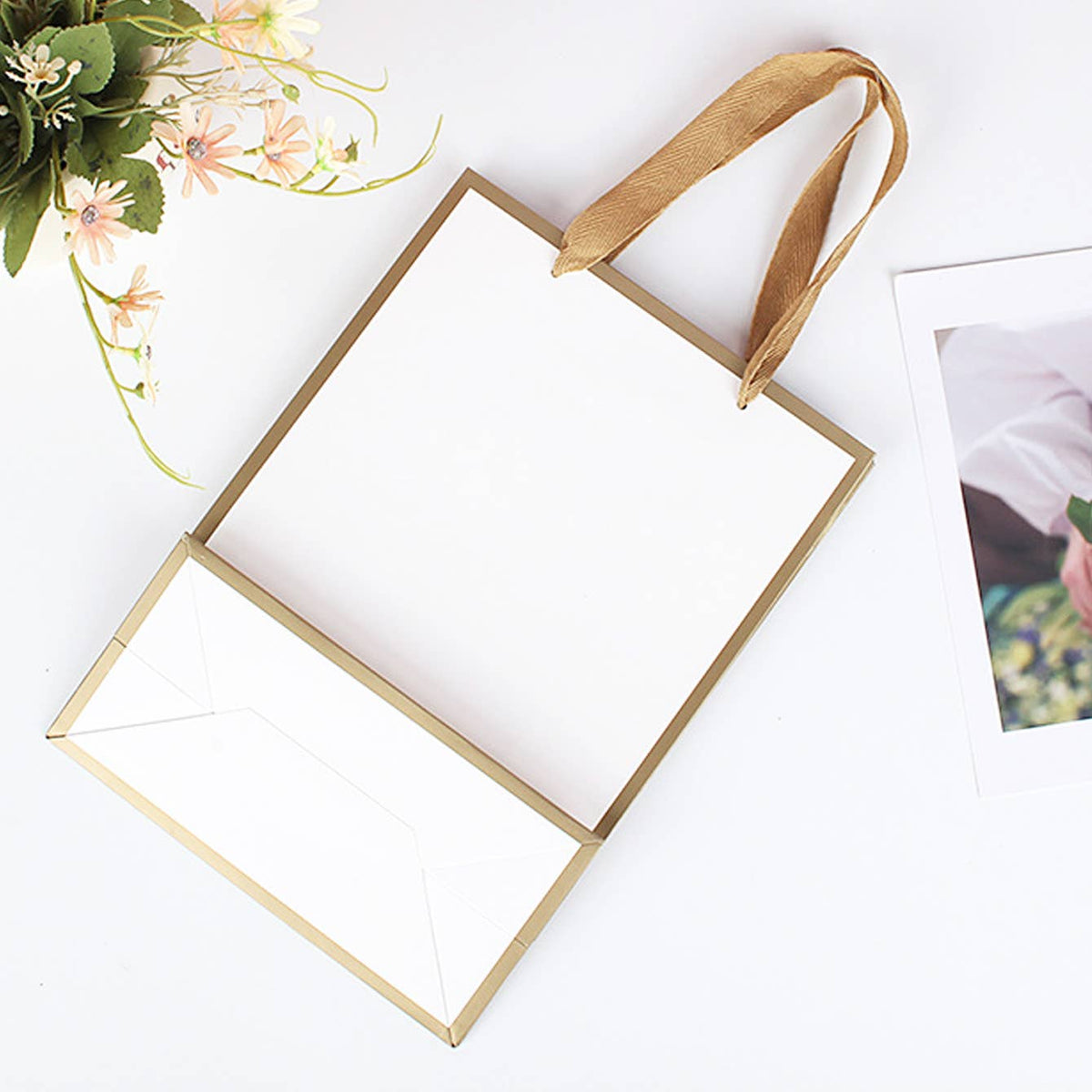 White with Gold Border Paper Gift Bag w/ free tissue: V3