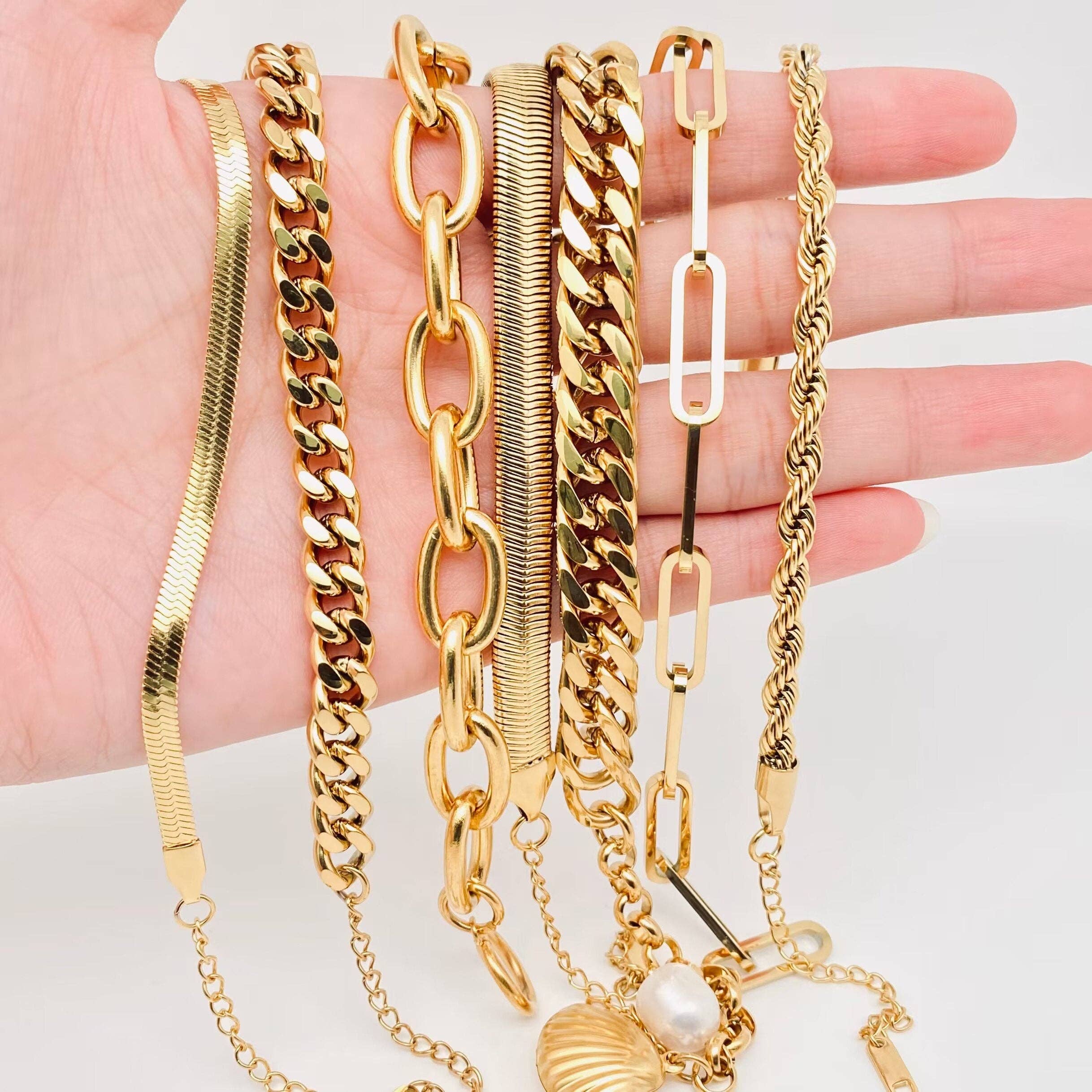 Multi Style 18K Gold Plated Steel Chain Bracelets - FGS: F