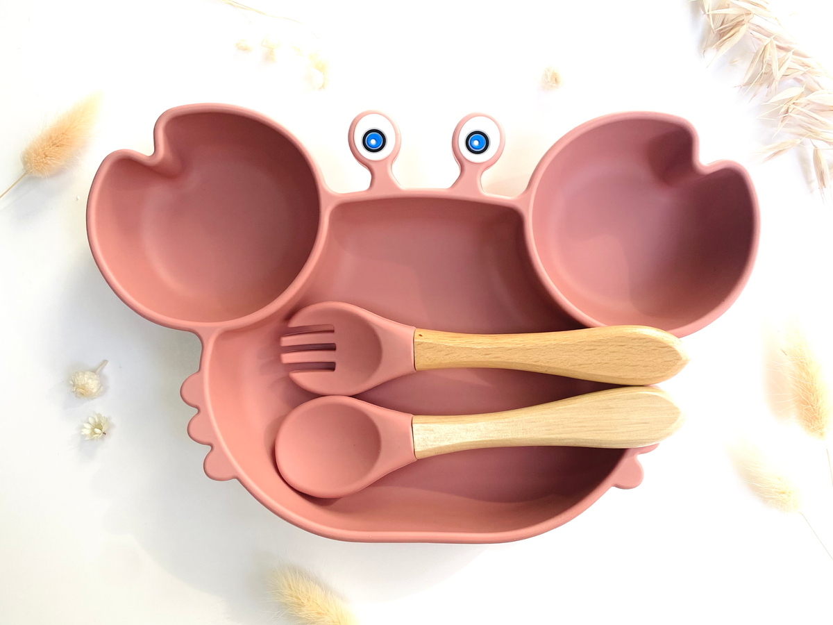 Crab-shaped meal set+cutlery for children: Khaki