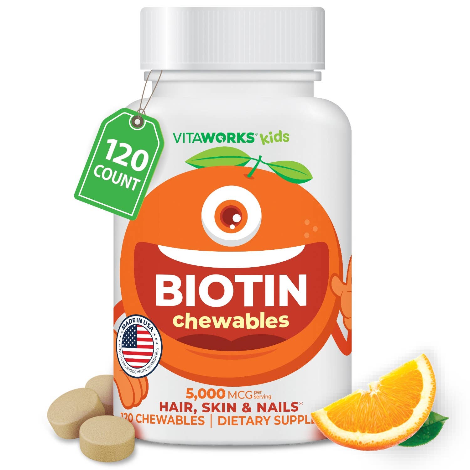 VitaWorks Kids Biotin Chewables, Hair Skin and Nails: Natural Orange Flavor / 120 Count