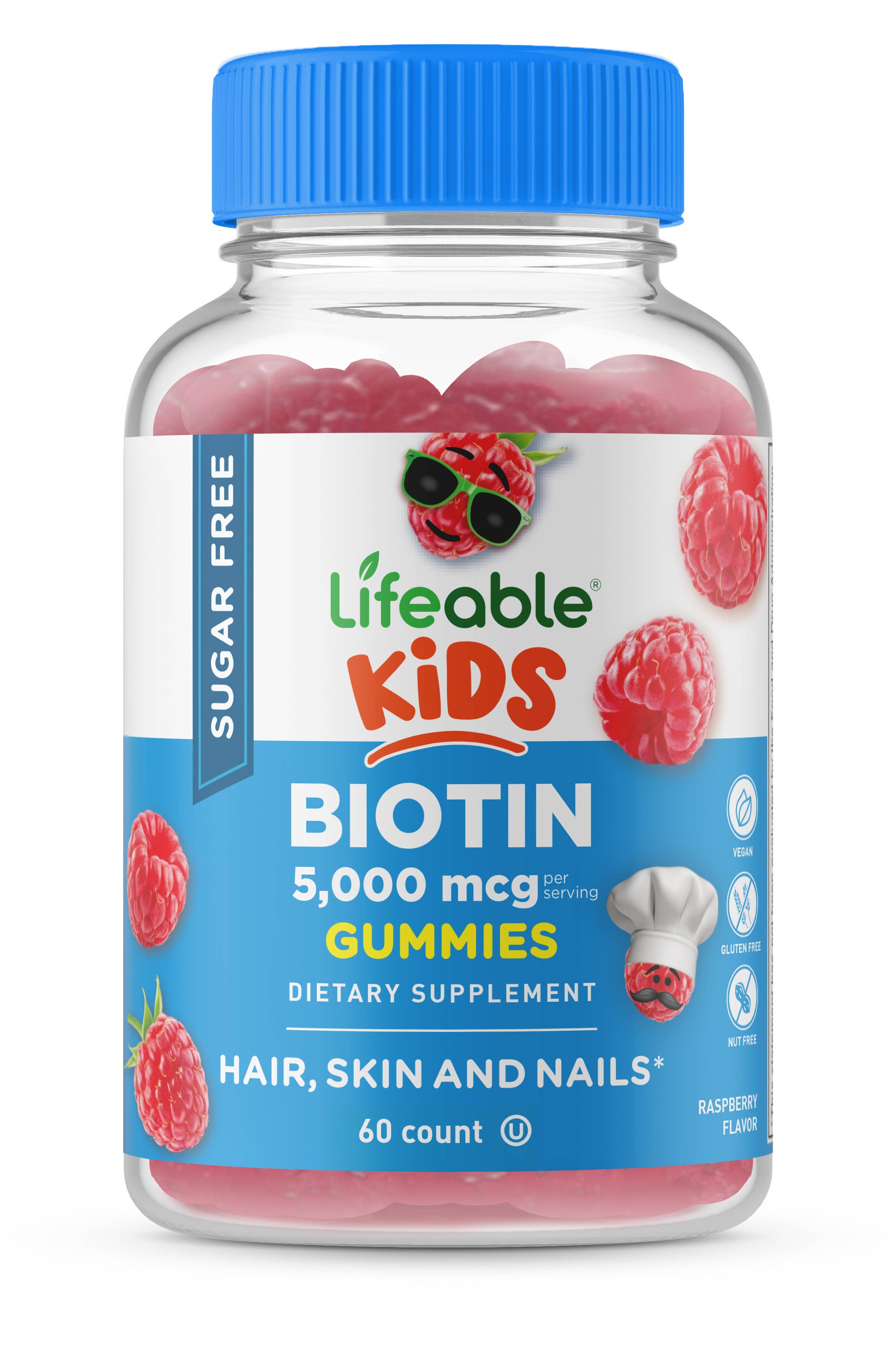 Lifeable Sugar Free Biotin for Kids 5,000 mcg Gummies: Raspberry Flavor / 60 Gummies