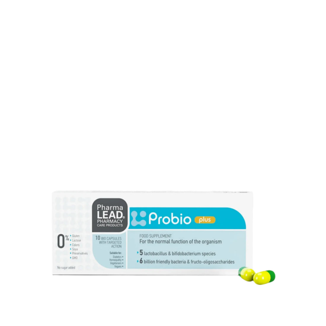 NutraLEAD Probio+ packaging, a probiotic supplement for digestive health with 6 billion friendly bacteria and prebiotics.