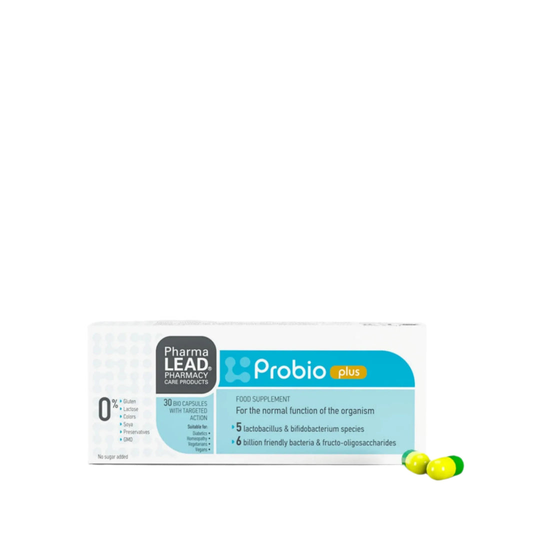 NutraLEAD Probio+ packaging, a probiotic supplement for digestive health with 6 billion friendly bacteria and prebiotics.