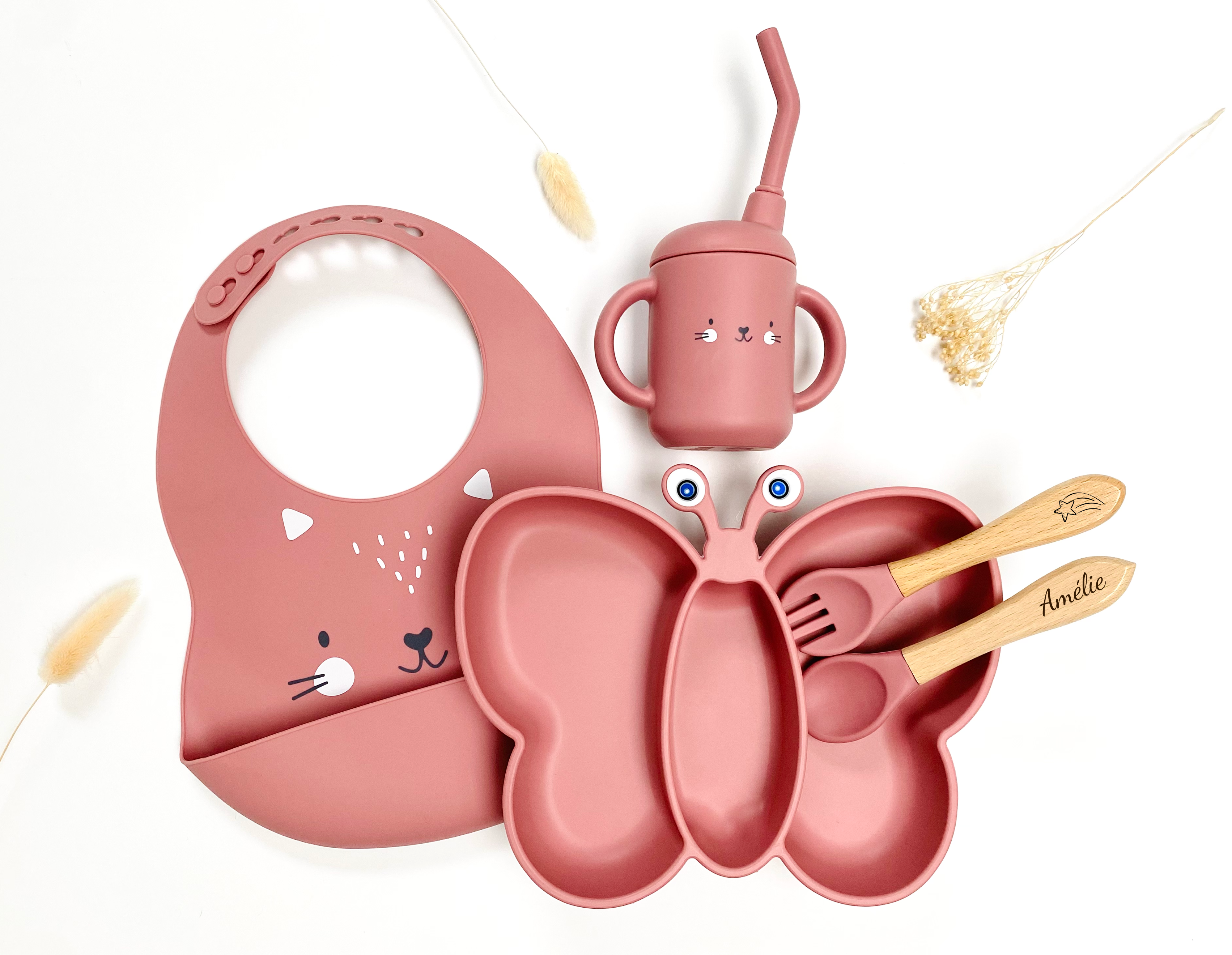 Butterfly meal pack with cutlery, straw glass and bib: Pink