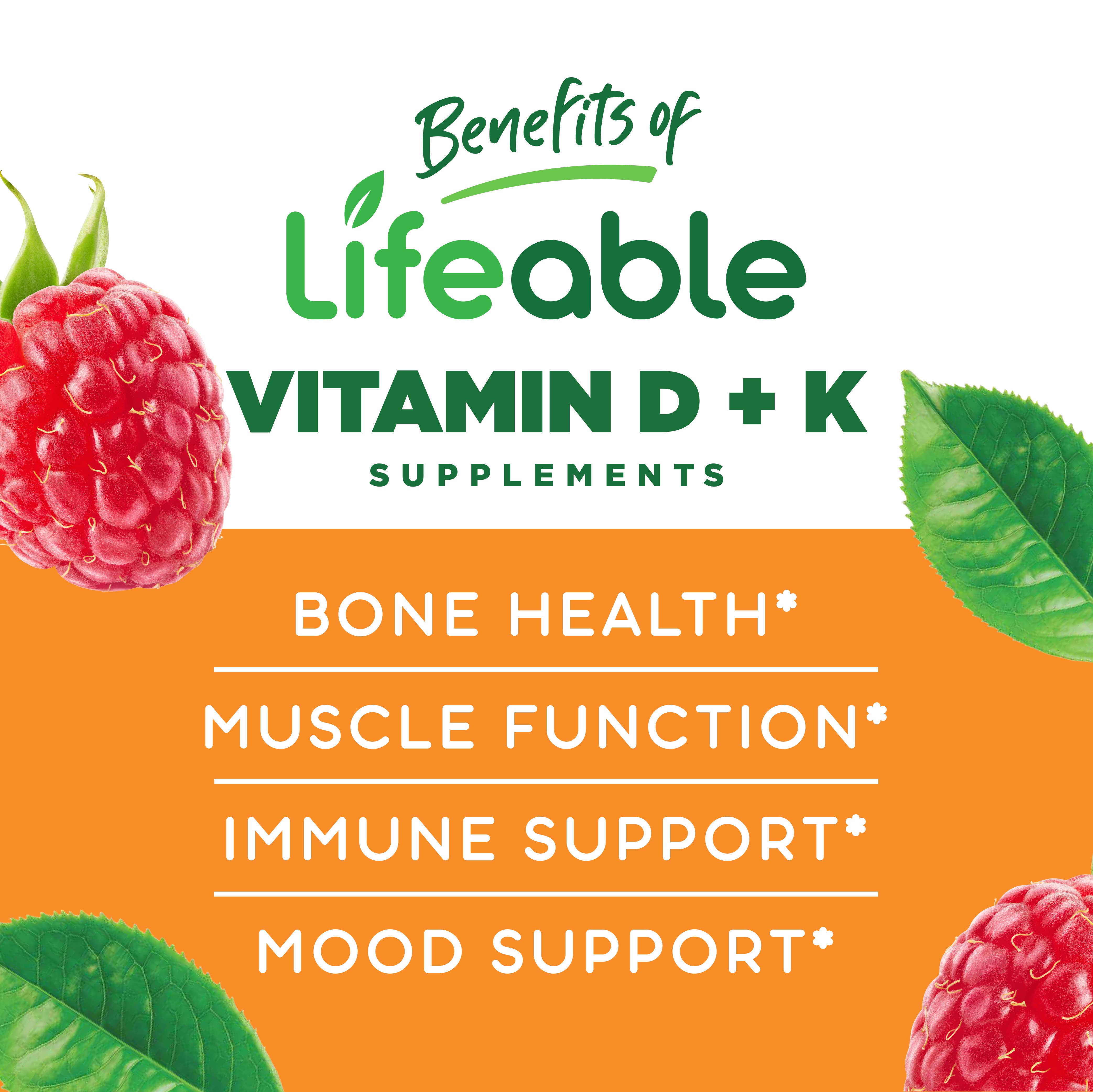 Lifeable Vitamin D3 + K2 Gummies, Bone Health, Great Taste!: Natural Strawberry Flavor / 60 Count
