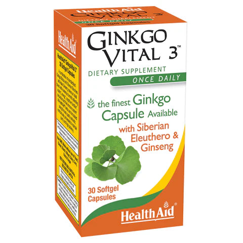 HealthAid GinkgoVital +3 Capsules - Supports brain health, circulation, and energy.