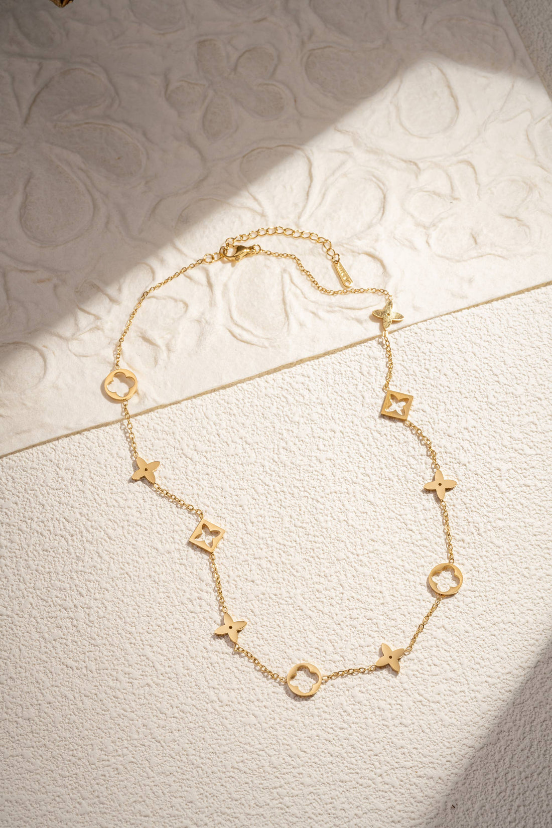 Gold Stainless Steel Necklace with Flower and Star Patterns