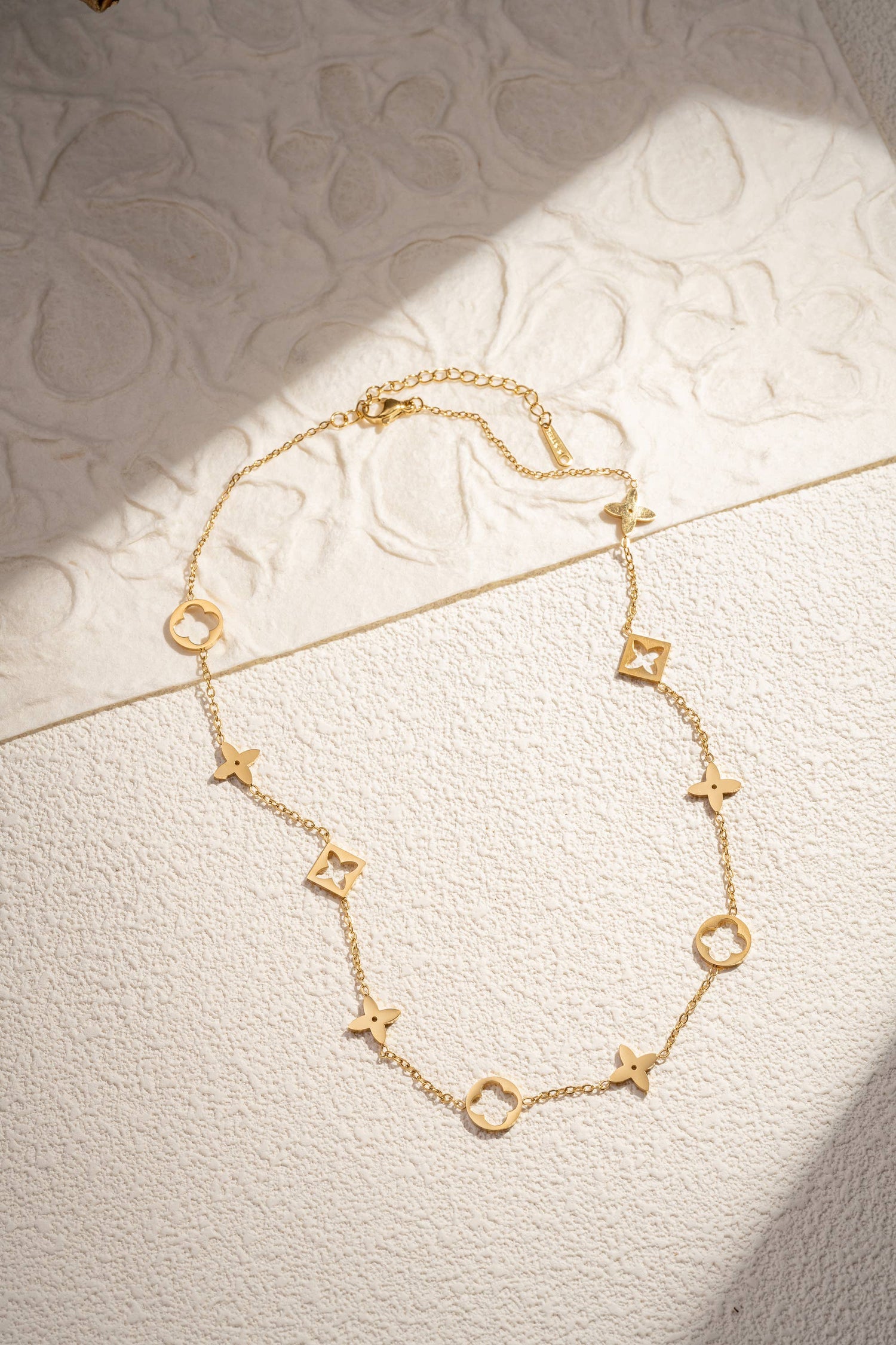 Gold Stainless Steel Necklace with Flower and Star Patterns