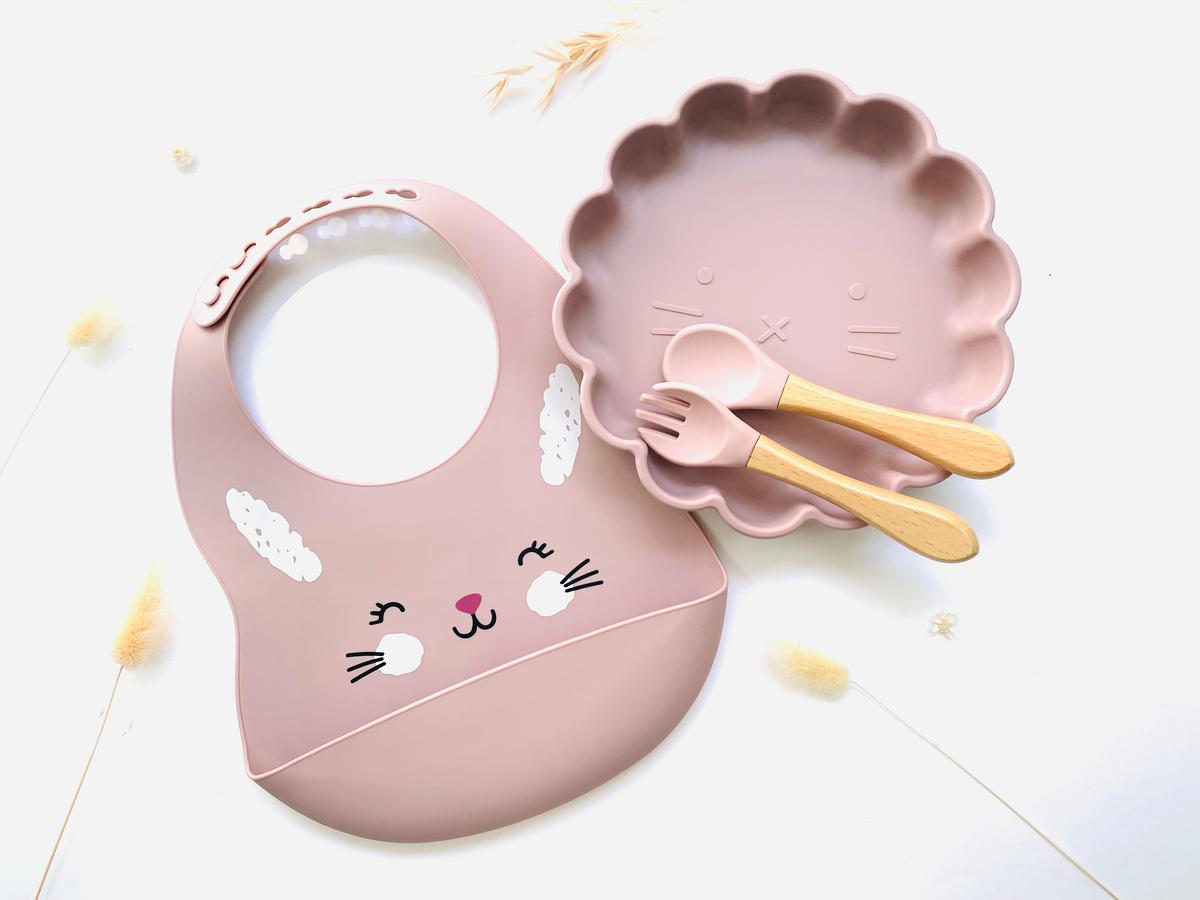 Dining set + cutlery + bib in the shape of a lion: Sky Blue