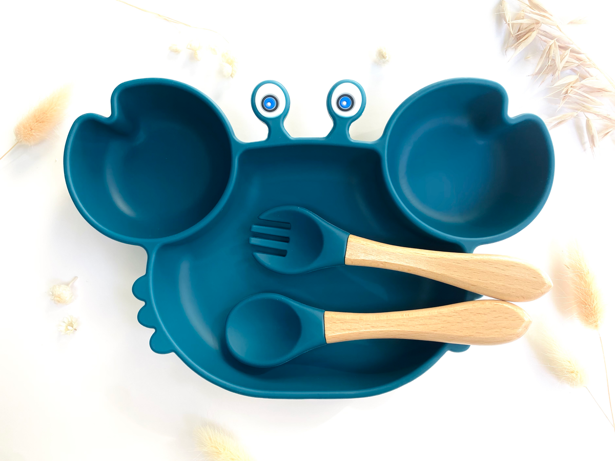 Crab-shaped meal set+cutlery for children: Khaki
