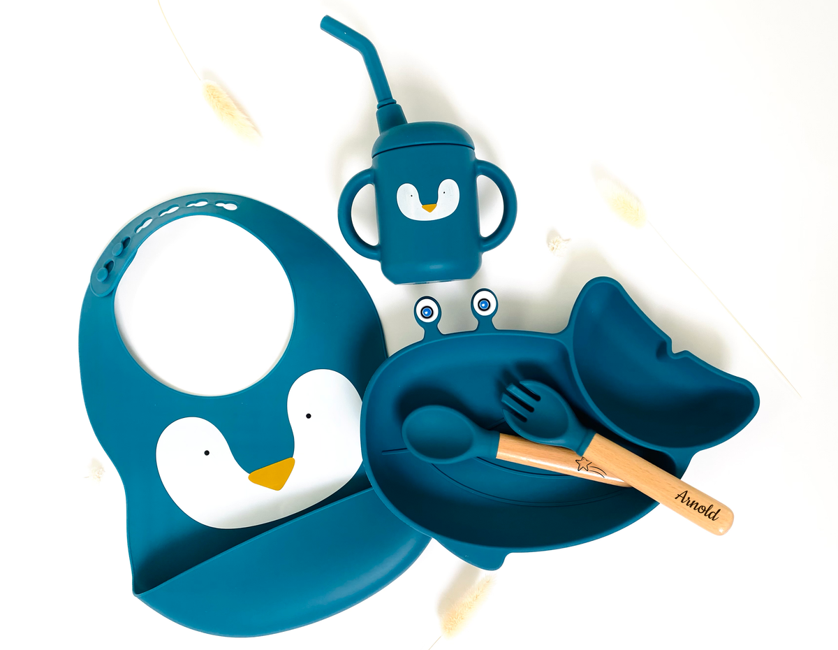 Whale meal pack+animal bib +straw glass: Sky blue