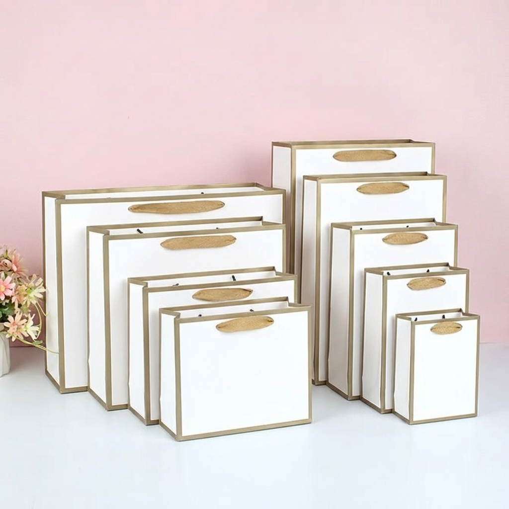 White with Gold Border Paper Gift Bag w/ free tissue: V1
